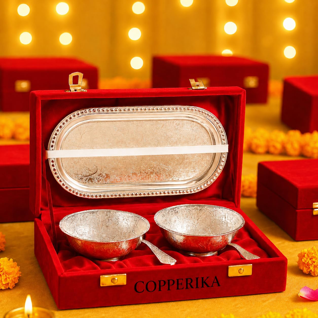 German Silver Round Bowl with Tray & Spoon with Royal Velvet Box Return Gift Item White Metal Brass Material for Dry Fruit & Sweets-image-9