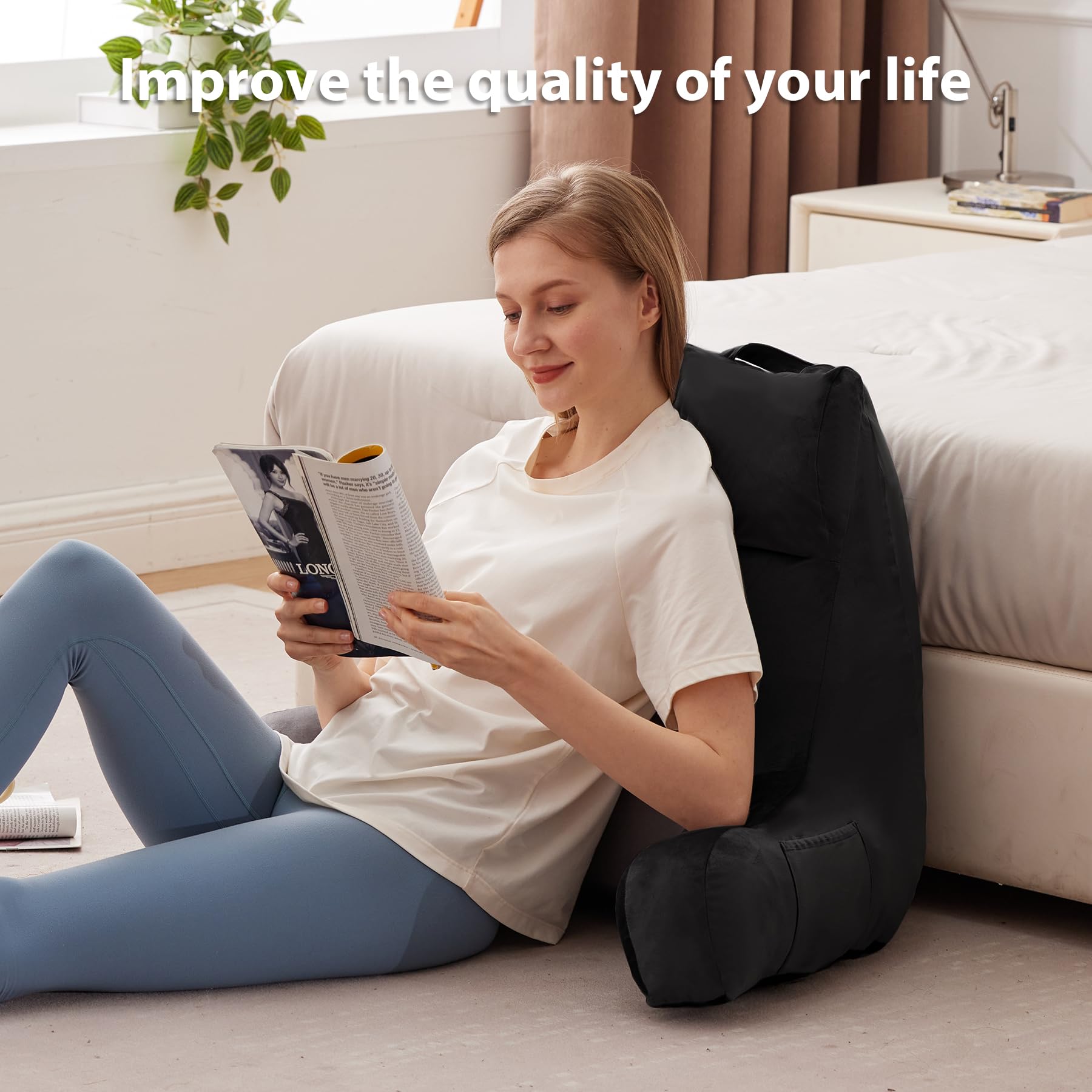 IPYNBAP Cuscino da lettura con braccioli, per adulti, per stare a letto e sedersi, in memory foam, con tasche e fodera rimovibile lavabile, per rilassarsi, guardare la TV, leggere (61 cm, nero)