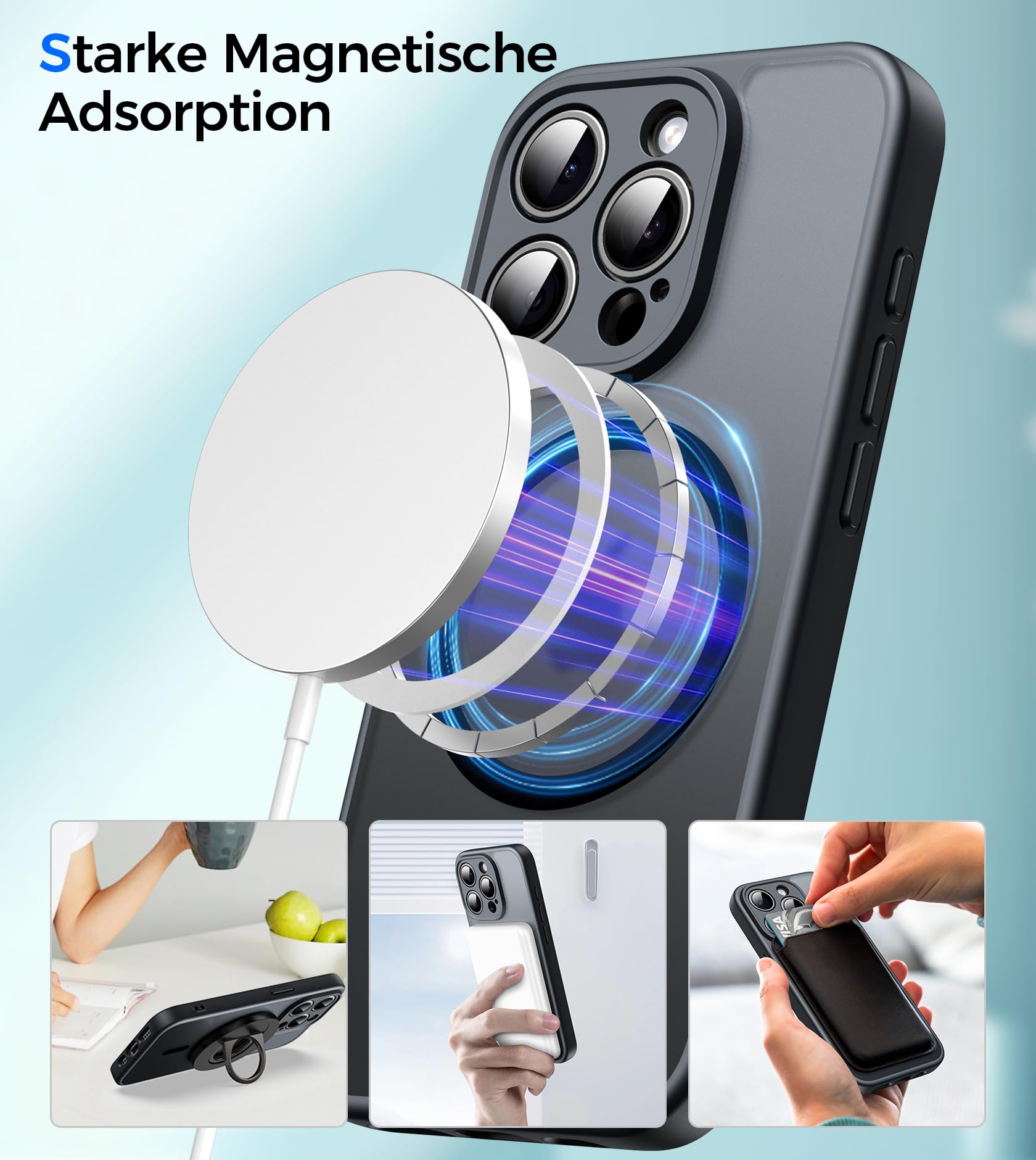 Natiiozie Cover Magnetica per iPhone 15 Pro Compatibile con MagSafe, Protezione Fotocamera Integrata Antiurto, Traslucida Opaca Posteriore Protettiva Case iPhone 15 Pro Custodia 6.1", Nero