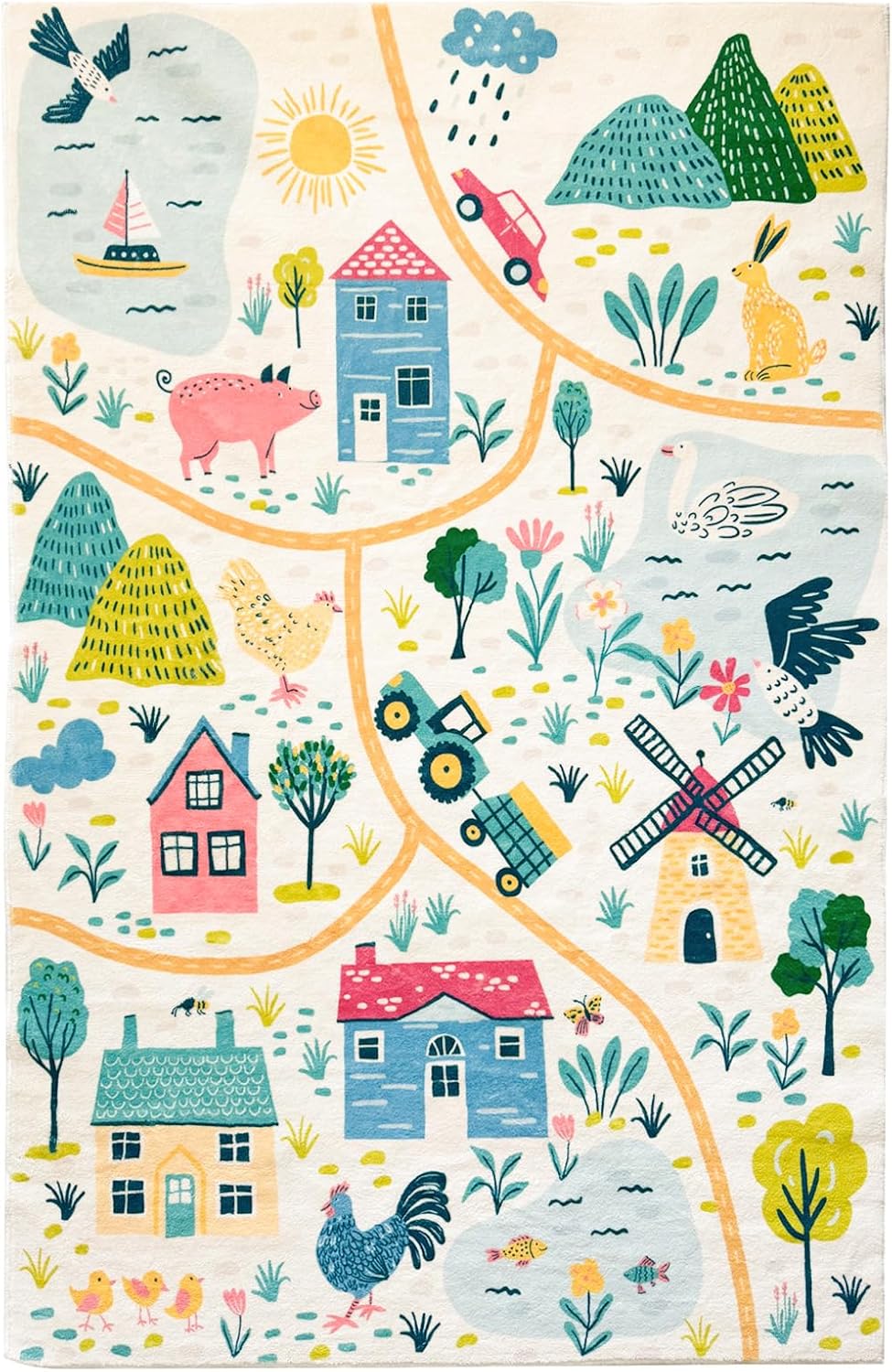 Kids Play Mat 3x5Ft Farm Animal Area Rug for Bedroom, Playroom, Classroom - Vehicle Track Rug for Indoor Home Decor