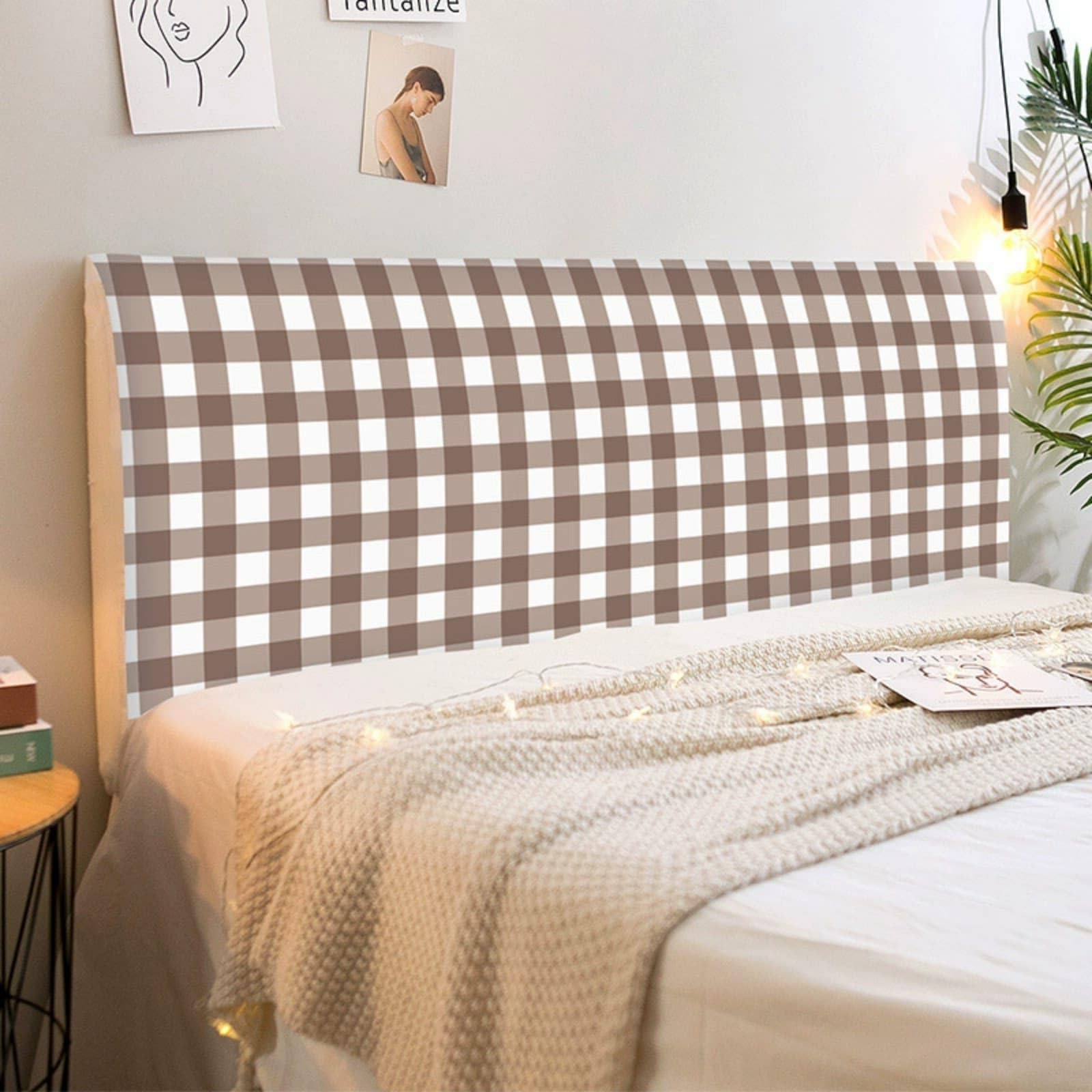 Mateju Bed Headboard Cover, Bed Headboardcover Stretch Headboard Covers Dustproof Modern Elastic Universal 120-220cm Plaid Gingham Style Head Board Slipcover All-Inclusive (Brown,160cm)