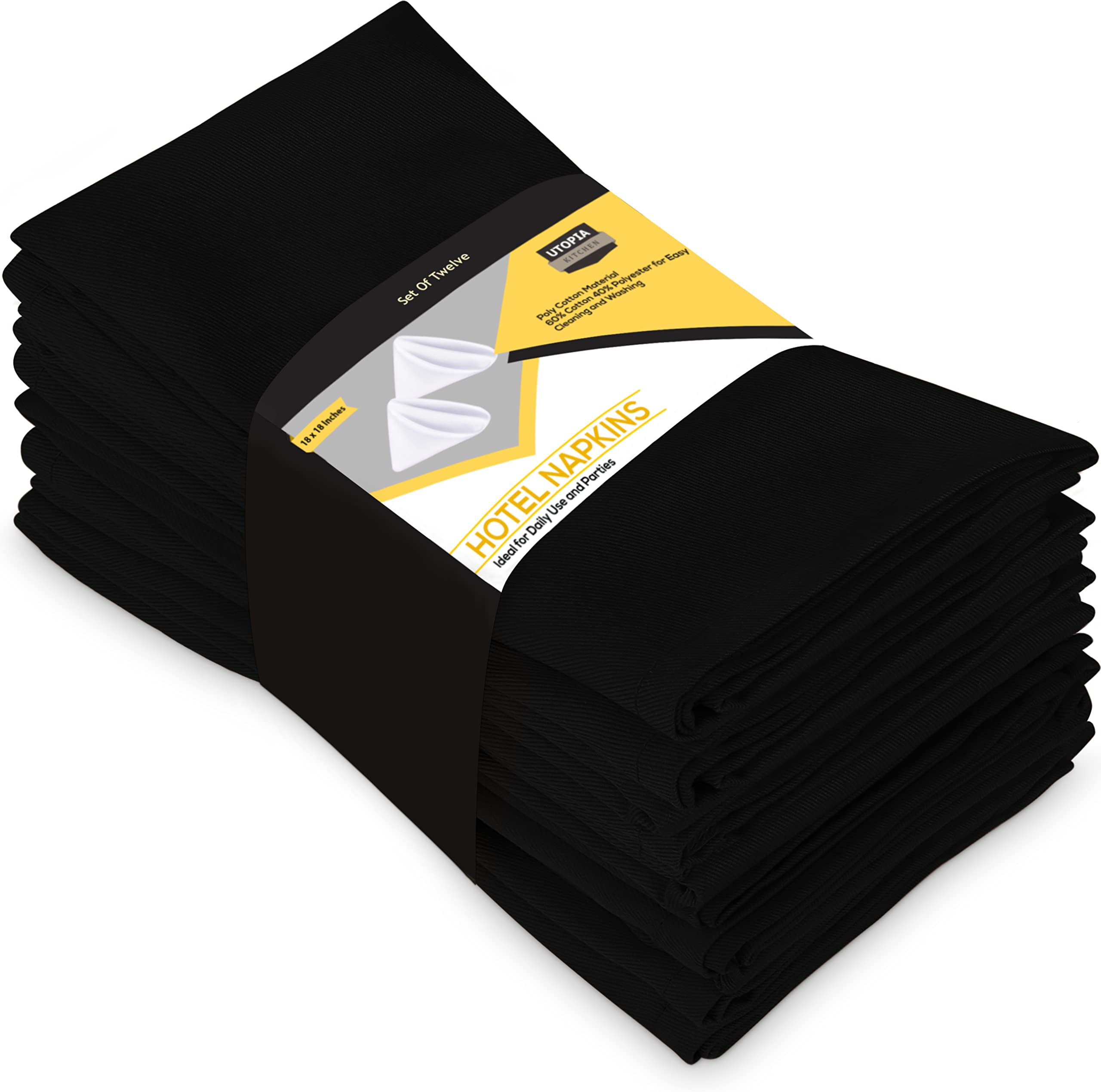 Utopia Kitchen Black Cloth Napkins [12 Pack, 20x20 Inch] Cotton Blend Washable and Reusable Table Dinner Napkins for Hotel, Lunch, Restaurant, Weddings, Event and Parties