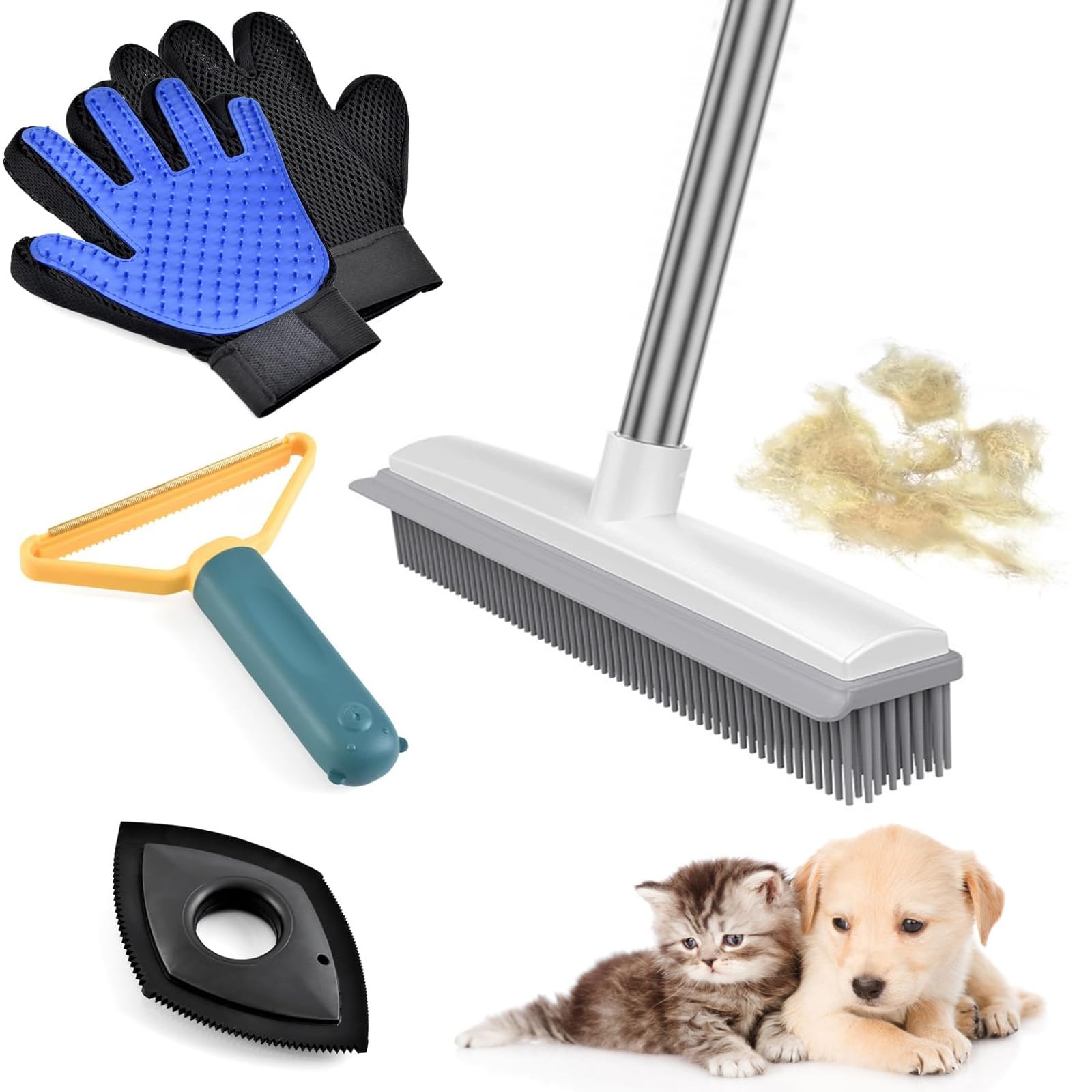 Enmaipet Carpet Rake for Pet Hair Removal, Reusable Pet Hair Remover with 48” Adjustable Long Handle, Pet Hair Remover Gloves, Dog Hair Rake Brush for