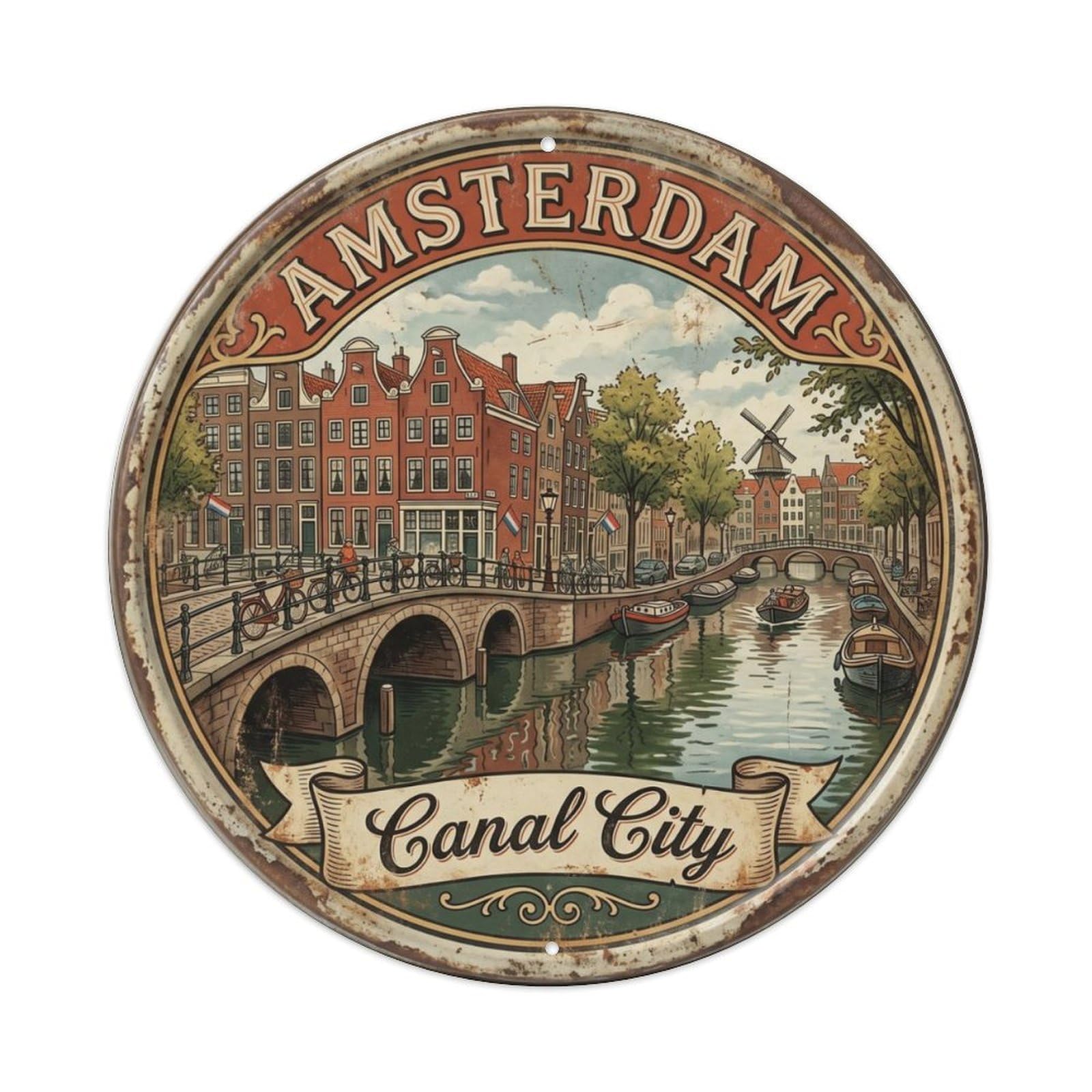 Vintage Travel Amsterdam Canal Houses Metal Tin Sign Plaque Wall Decor for Cafe, Club, Garden Round Metal Poster 8x8Inch