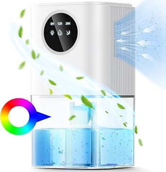 Dehumidifier, 60 OZ Water Tank Dehumidifiers for Bathroom Bedroom with Auto Shut Off & Defrost Timer Sleep Mode and 7 Colors LED Light, Quiet Small Dehumidifiers for Home Room Closet RV White