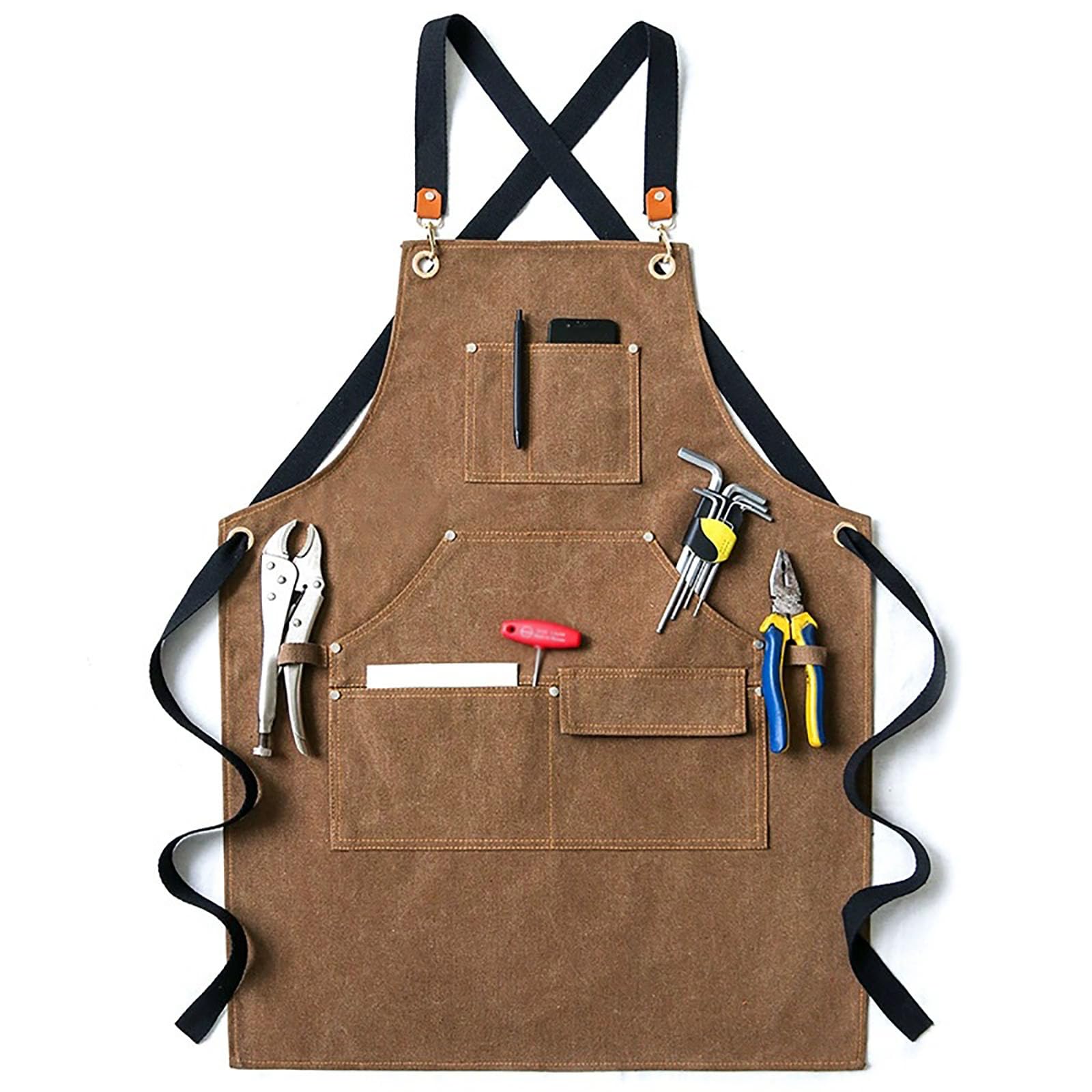 Delantal De Trabajo Ajustable con Bolsillos para Hombres Y Mujeres, Delantal para Carpintería, Jardinería, Reparaciones, Barbacoa, Pintura, BricolajeBrown,1