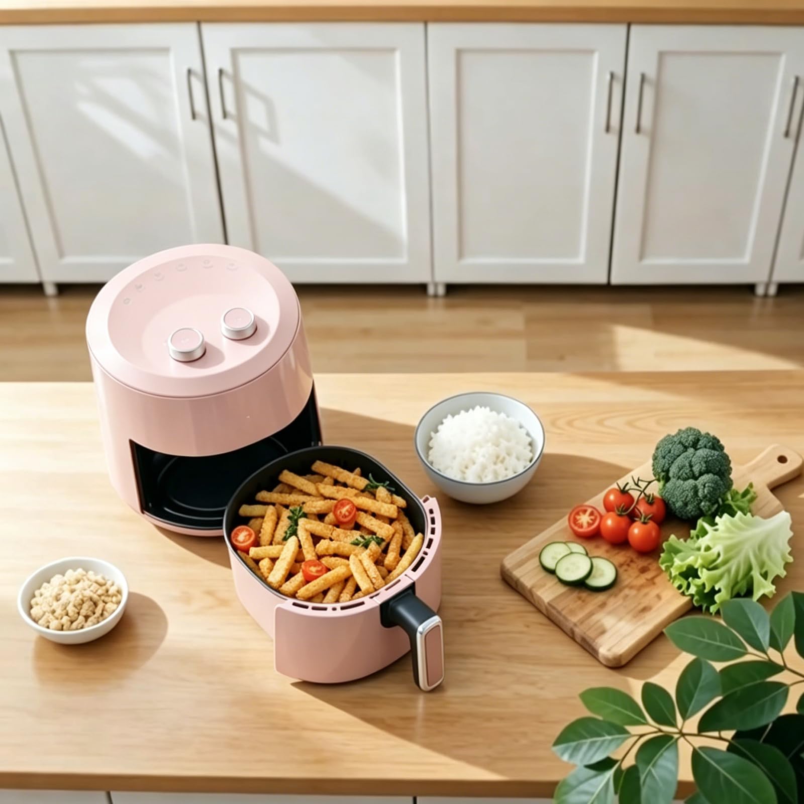 Freidora Doméstica 3.7L Freidora Compacta Freidora Eléctrica Multifuncional De Gran Capacidad Funcionamiento Con Doble Botón Horno Freidor De Aire Para Uso Doméstico(Rosado)