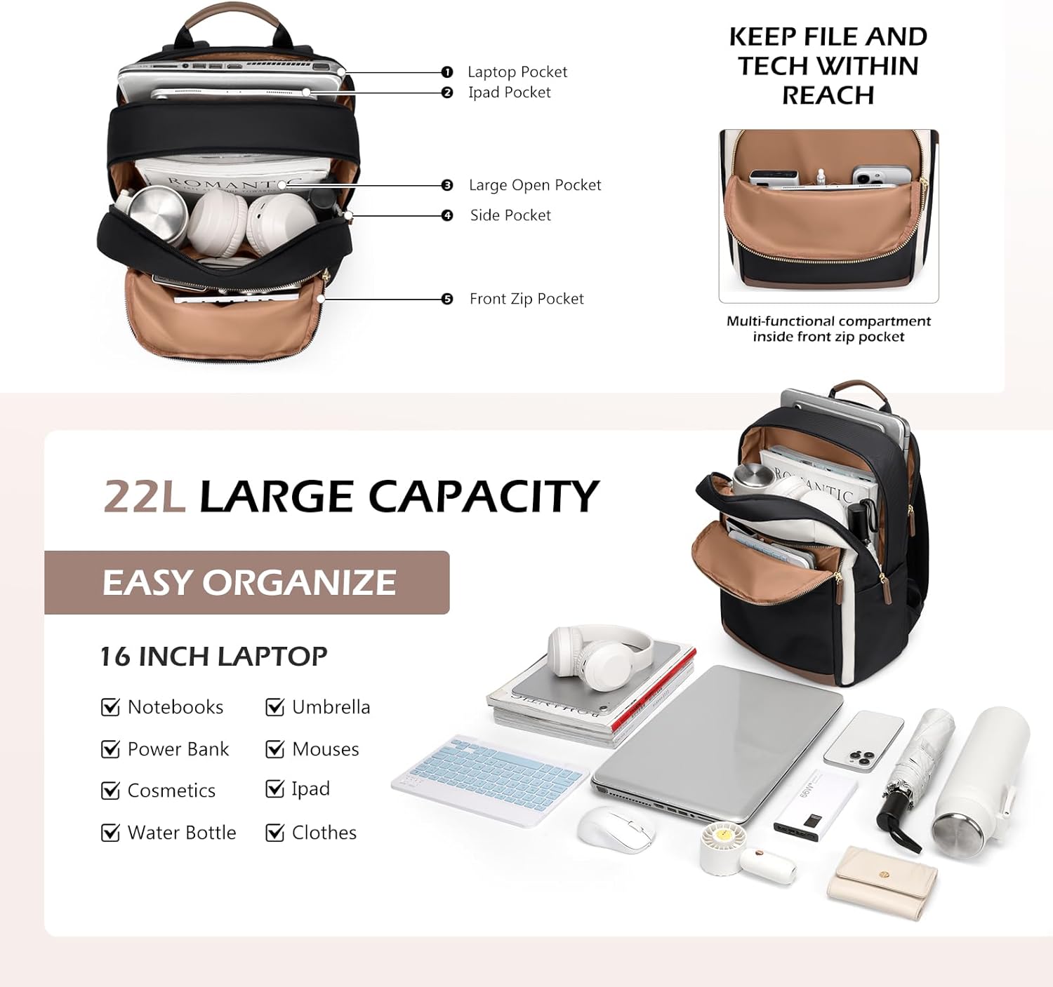 Laptop Backpack for Women Travel Carry On Bag Weekender Business Multilayer Personal Item Backpack,16 Inch,WBlack