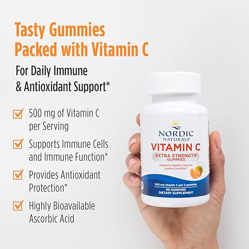 Miniatura 6 de Nordic Naturals Gomitas de vitamina C extra fuertes, sabor a mandarina, 60 gomitas - Suplemento vegano de vitamina C de 500 mg - Gomitas de apoyo