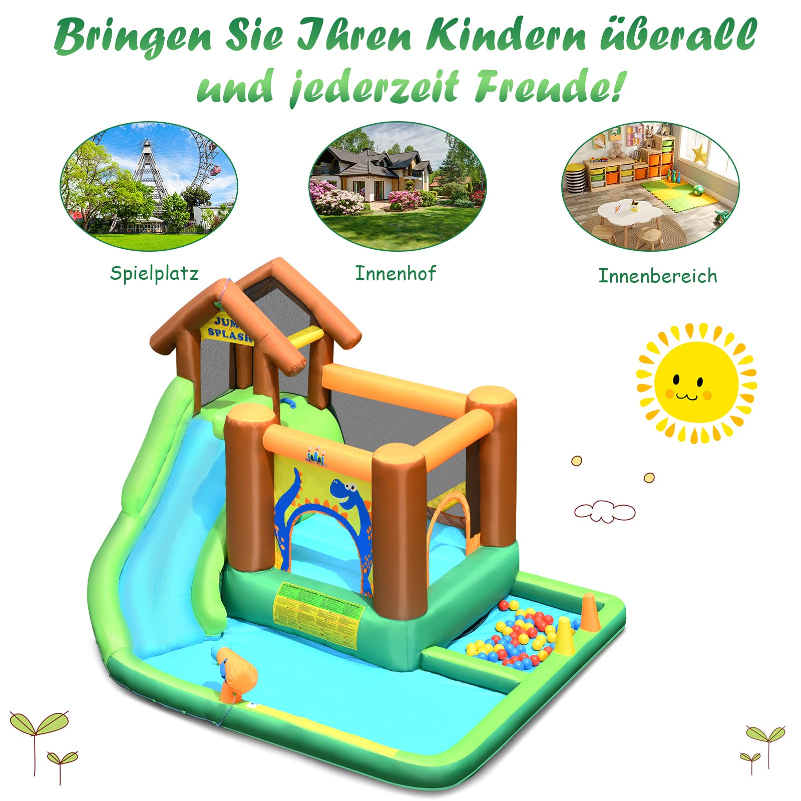COSTWAY Hüpfburg Wasserrutsche Spielpool Aufblasbare, Wasserspielcenter mit Rutsche, Wasserpark aufblasbar, Planschbecken 368x303x230cm