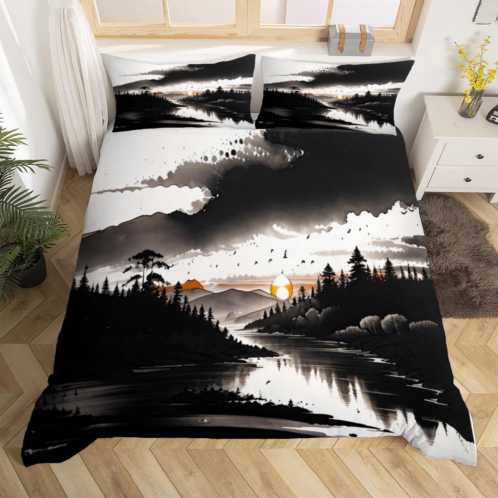 3D Chinese Ink Painting King Size Duvet Cover Sets Art Style Soft Microfiber Bedding Set with Zipper Closure, Quilt Cover 220x230cm with 2 Pillowcases 50x75 cm
