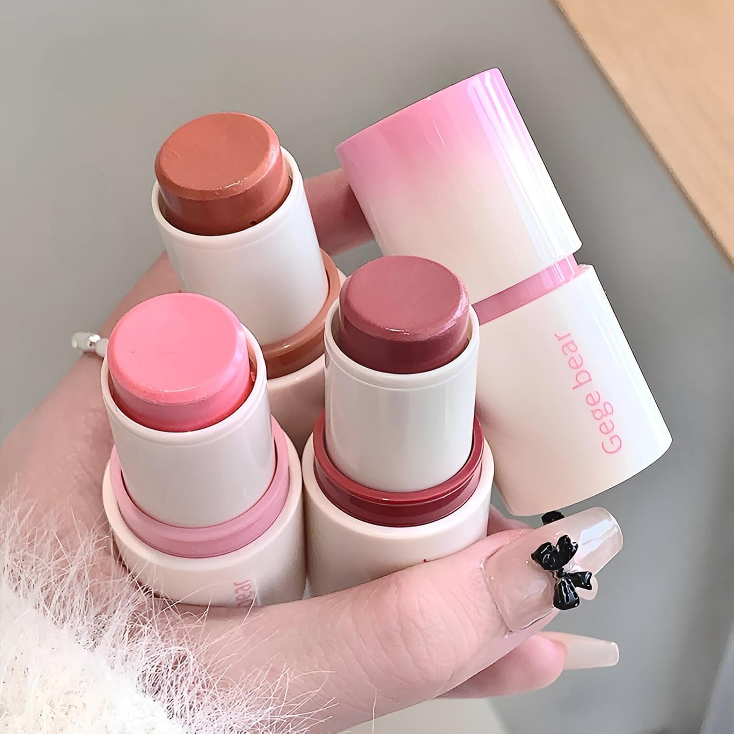 Gege Bear Cream Blush for Cheeks | Glow BrighTening Tipsy Stick | Hydrating Lightweight Creamy Finish | Cute Soft Pastel Stick | Brush Free Application | Jelly-Like Texture | Dreamy Rose & Peach Tones | Perfect Blusher (02# Apricot Pinellia, 4g)-image-11