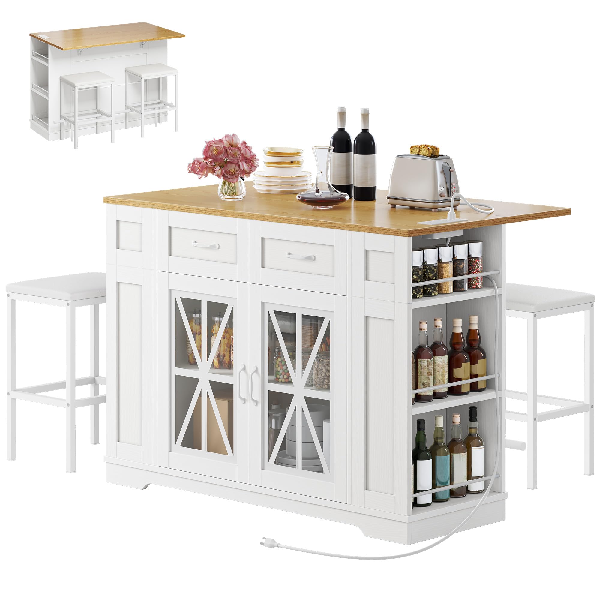 YITAHOME Kitchen Island with Seating, 47 Inch Mobile Storage Island with Drop Leaf, Rolling Islands Table with Power Outlet & Spice Rack, 2 Upholstered Stools and Footrest, for Dining Room, White Oak