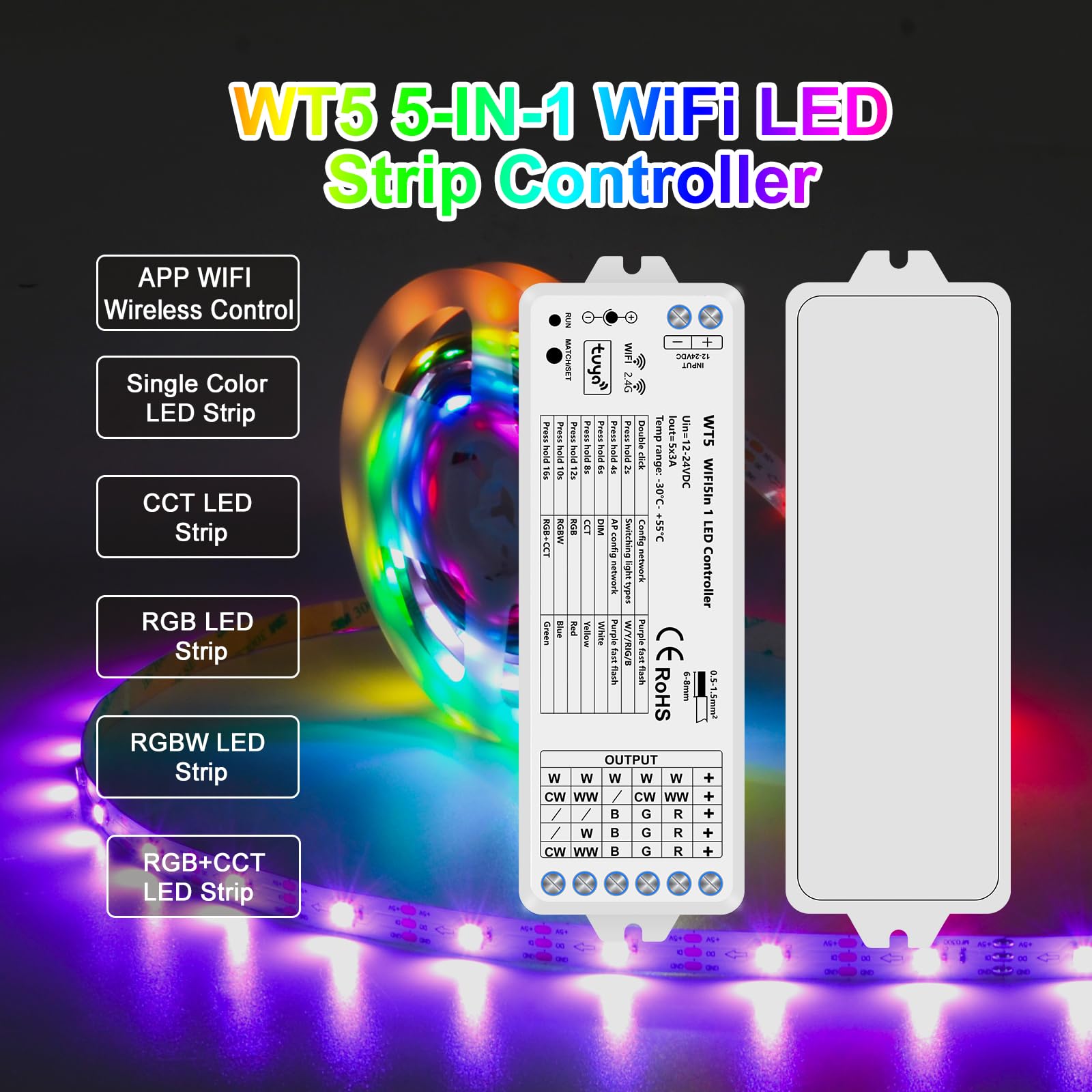 WT5 Zestaw 2 bezprzewodowych kontrolerów WiFi LED - RGBW, 2,4 GHz, kompatybilny z Tuya, Echo, Smart Life, pilot RF do oświetlenia wewnętrznego premium (bez zasilania