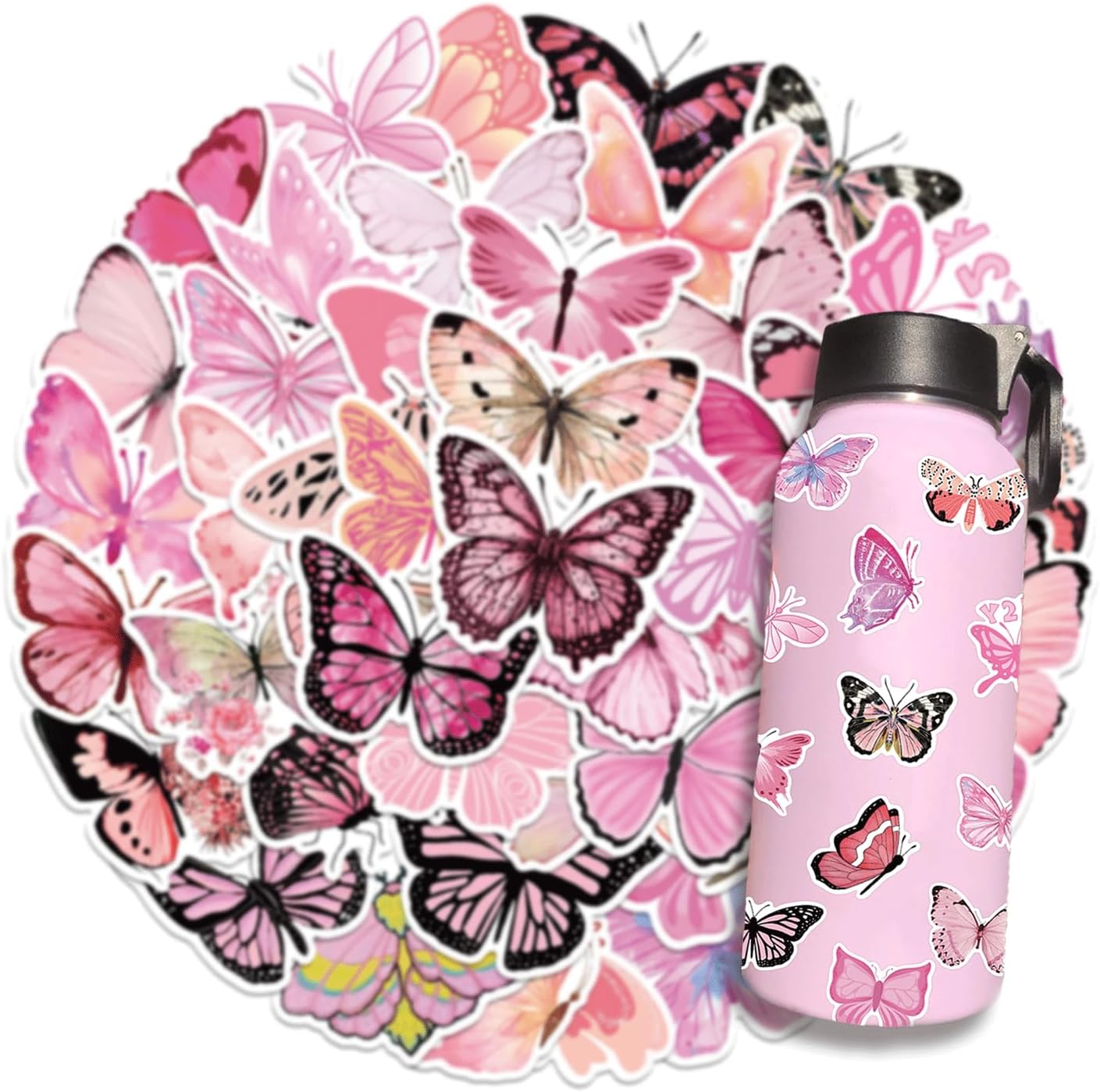 100PCS Pink Butterflies Stickers, Creative Butterfly Stickers, Aesthetic Waterproof Stickers for Adult, Vinyl Stickers for Water Bottles Luggage Scrapbooking Guitar Laptop Phone Bike DIY Decoration