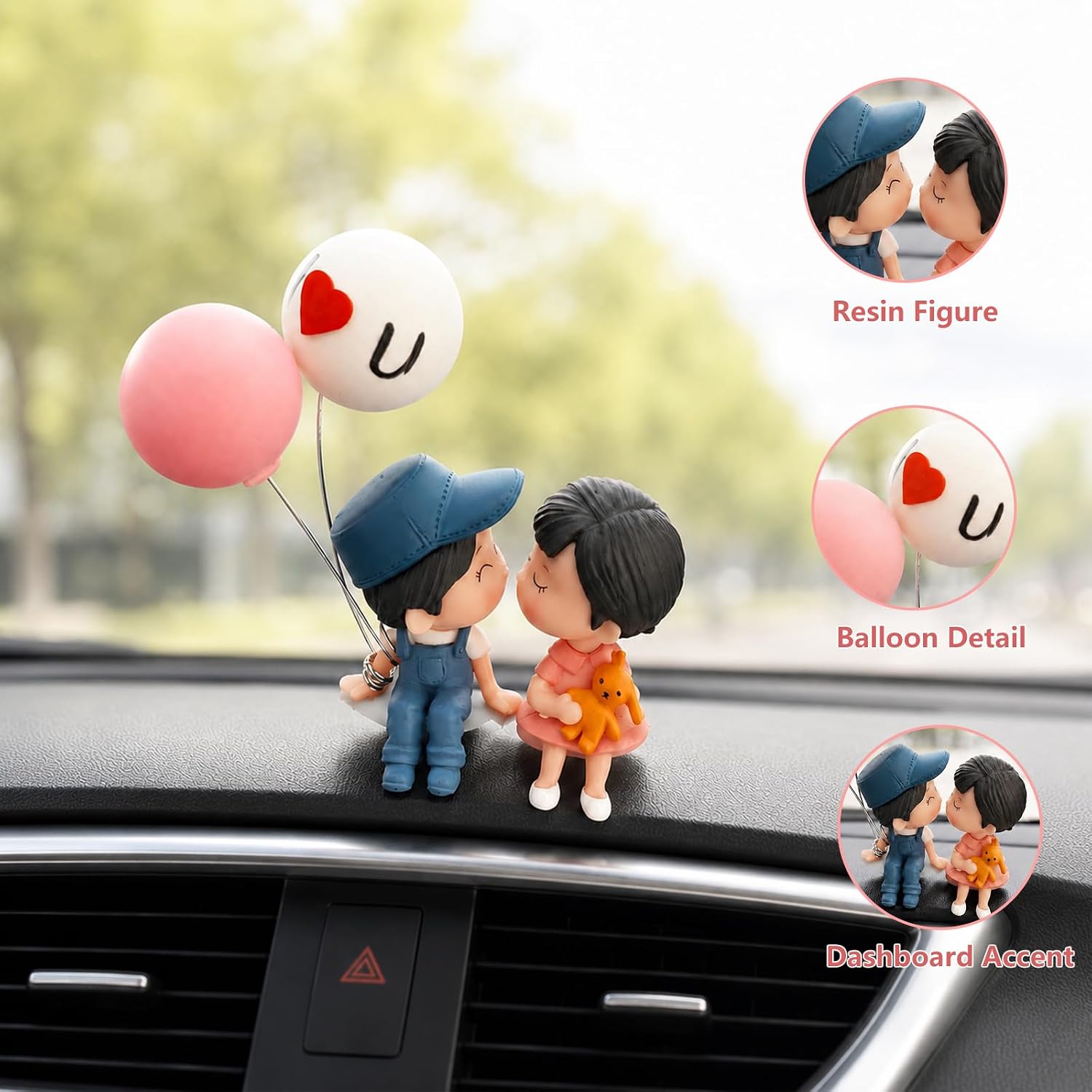 Cute Couple Car Dashboard Decorations, Adorable Cartoon Couples Auto Ornament Interior Decor with Balloon, Lovely Couple Kiss Resin Vehicle Dashboard Ornament for Boys Girls (Blue & Pink) image 3