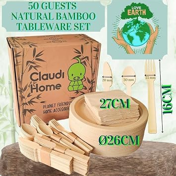 50 Guests Bamboo Disposable Tableware Set - Eco-Friendly & Compostable XL Plates, Cutlery & Napkins - Plastic-Free Biodegradable Party Supplies for Weddings, BBQ & Birthdays @Claudi Home