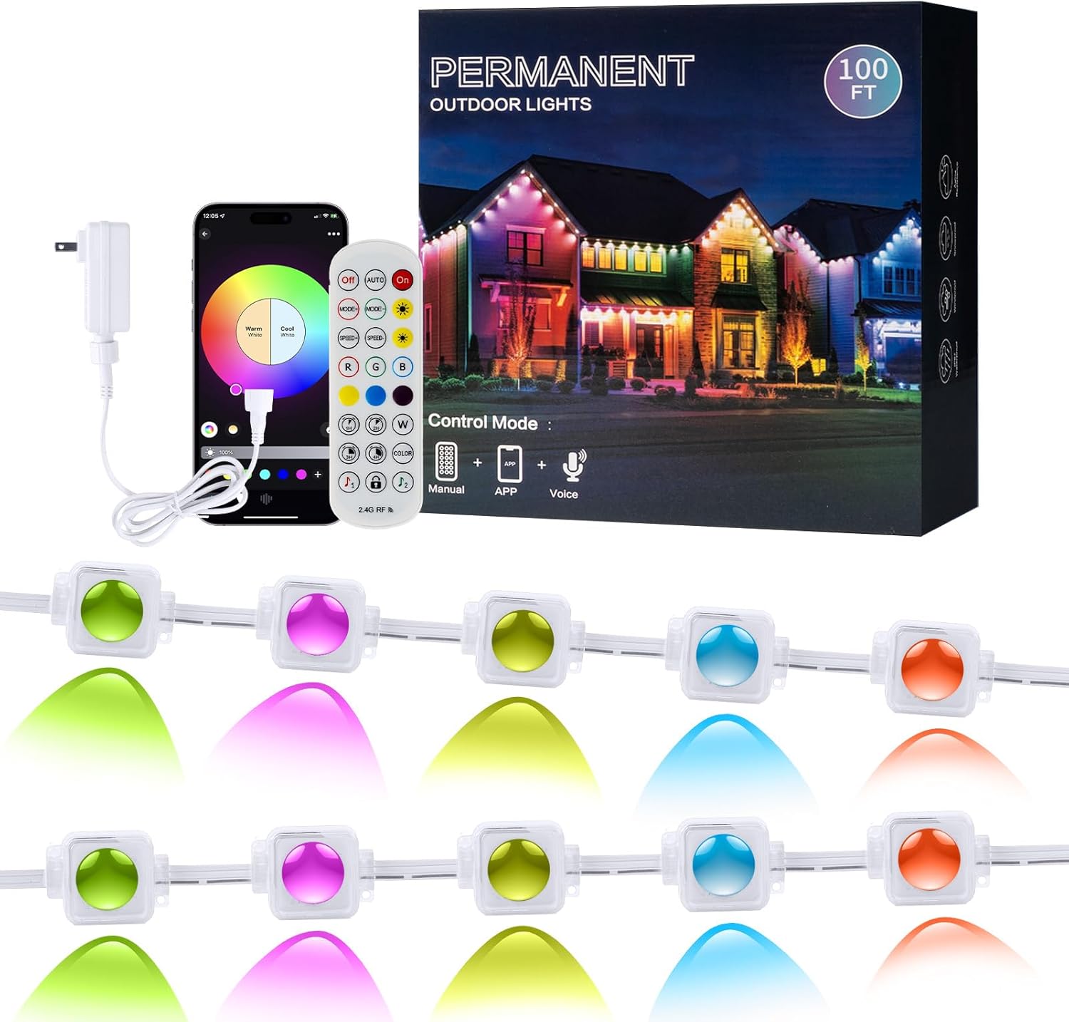 Smart Eave Light 100ft, 60LEDs Outdoor RGBIC Strip Lights with App Control & Remote, DIY DreamColor & Music Sync, AI APP Control Waterproof Soffit Lighting for Patio Garage