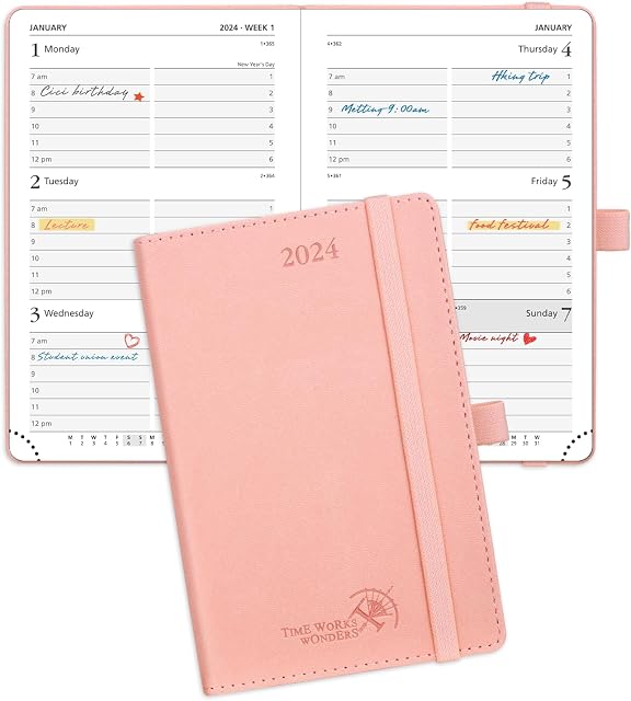 POPRUN Small Diary 2024 Pocket Diary A6 Week To View 16 x 10.5 cm Vegan Leather Soft Cover, 24 Weekly Planner with Work Appointment, 100GSM FSC® Paper - Pink