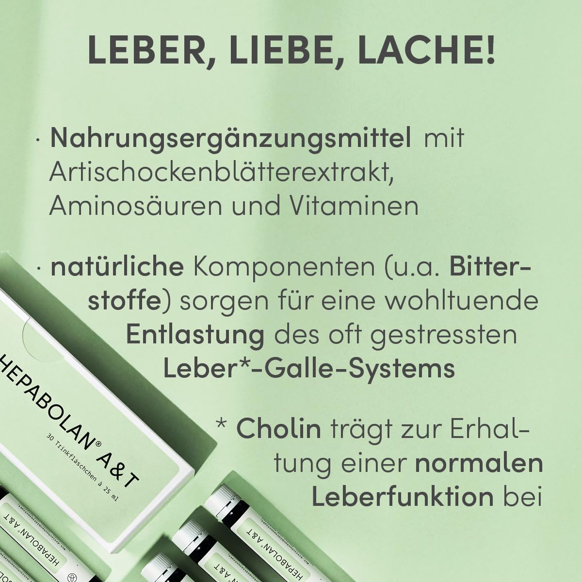 HEPABOLAN A&T - 30 Trinkfläschchen à 25ml - Für eine gesunde Leber - Mit Artischocke, Cholin, Lysin, Taurin, Arginin - Laborgeprüft, in Deutschland produziert