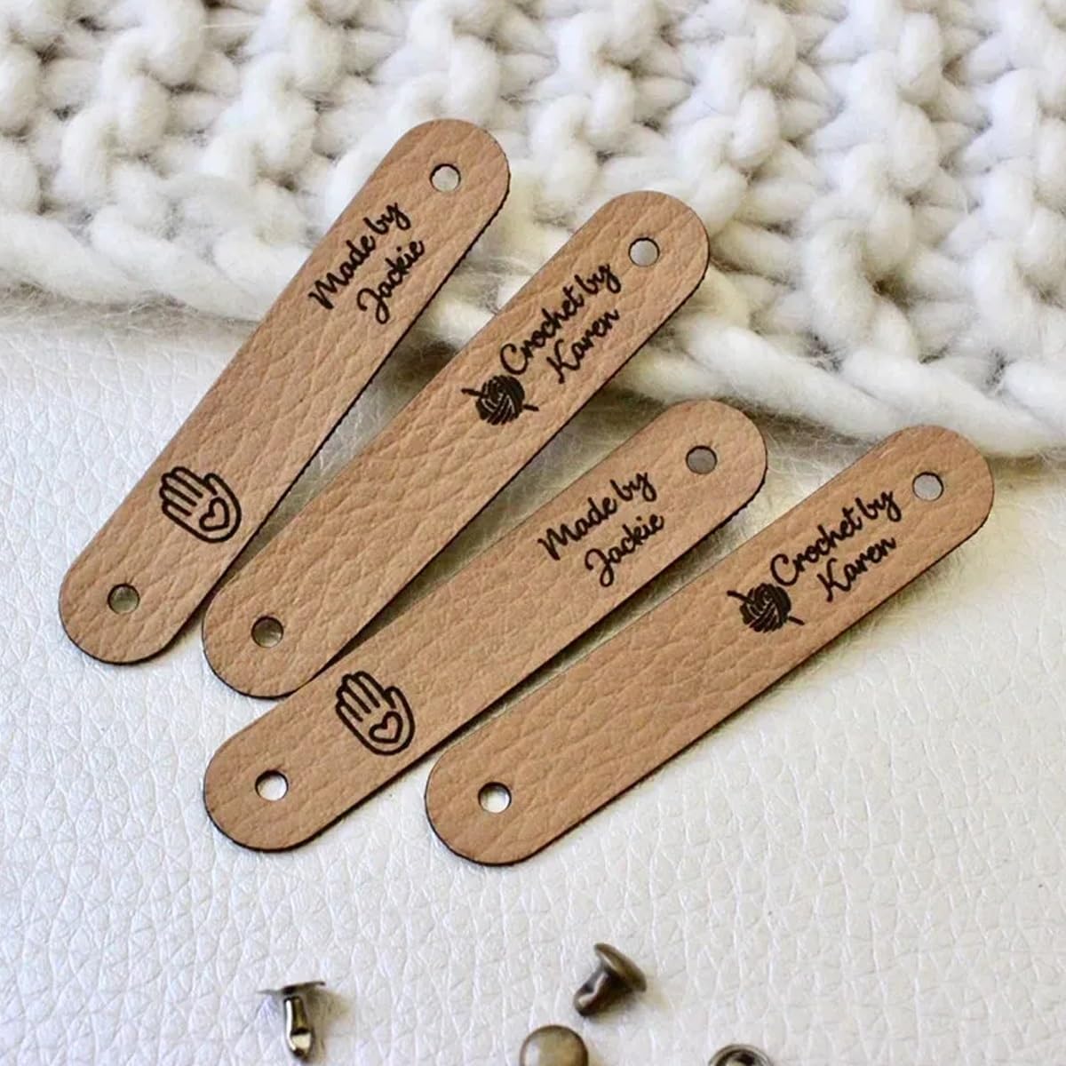 25pcs Custom Leather Tags with Rivets for Knitting Clothing Handmade Labels,Custom Leather Logo Labels with Rivets Handmade Tags for Knitting Sewing Center Fold Label for Clothing Hats Craft Items(64