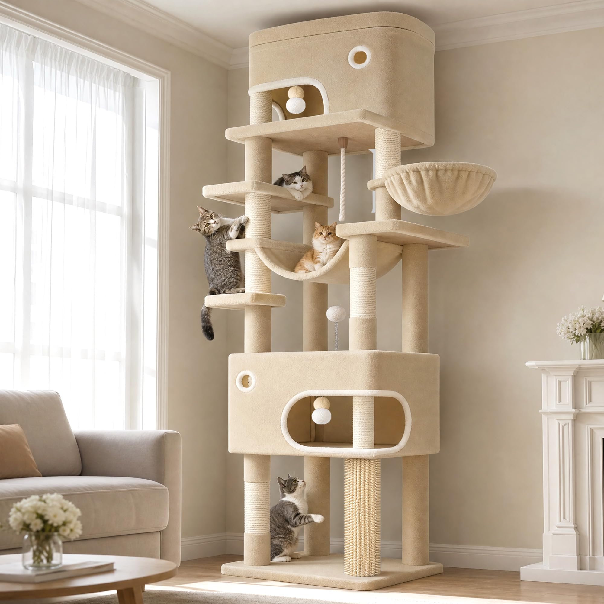 Hzuaneri 203 cm Cat Tree for Indoor Cats, Multi-layer Scratching Post with Large Platform, 2 Caves, 7 Sisal Posts, Pompoms, Cat Basket, Hammock, Suitable for Cats, Beige MS20318YL โ image 1