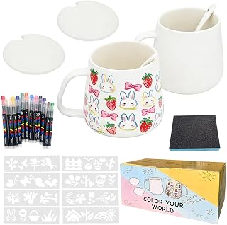 Kit de Peinture en Céramique, DIY de Peinture sur Tasse, Mug Céramique à Peindre avec Couvercle et Cuillère, DIY Adulte Kit de Loisirs Créatifs, avec 12 Stylos de Coloriage, Céramique Peinture