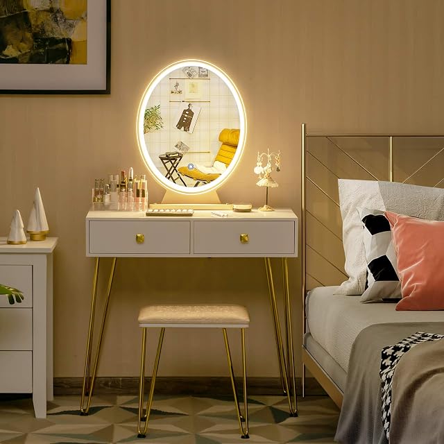 COSTWAY Dressing Table Set, Industrial Cosmetics Dresser with Detachable LED Mirror and Makeup Box, Home Furniture Bedroom Makeup Vanity Table Stool Set (White)