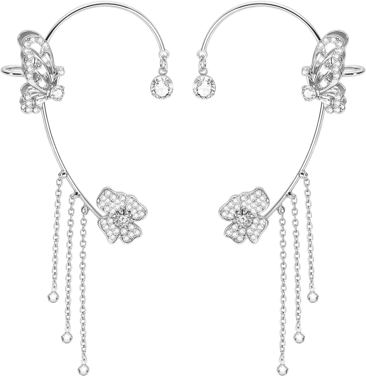 Butterfly Tassel Style Zircon Earrings,1 Pair Flower Fringe Long Earrings.Shiny Non Pierced Butterfly Ear Clips Women's Girls Jewelry(Silver)