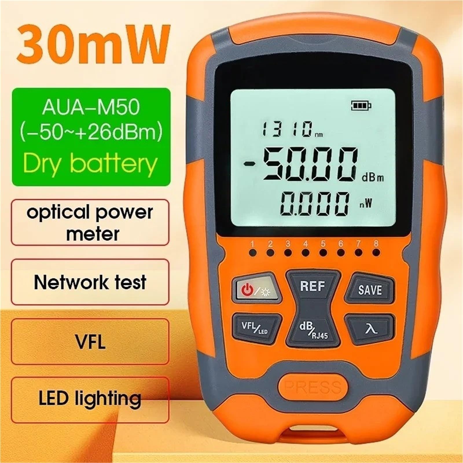 Probador de fibra óptica, Mini OPM 4 en 1 localizador visual de fallas del medidor potencia óptico multifunción(30MW)