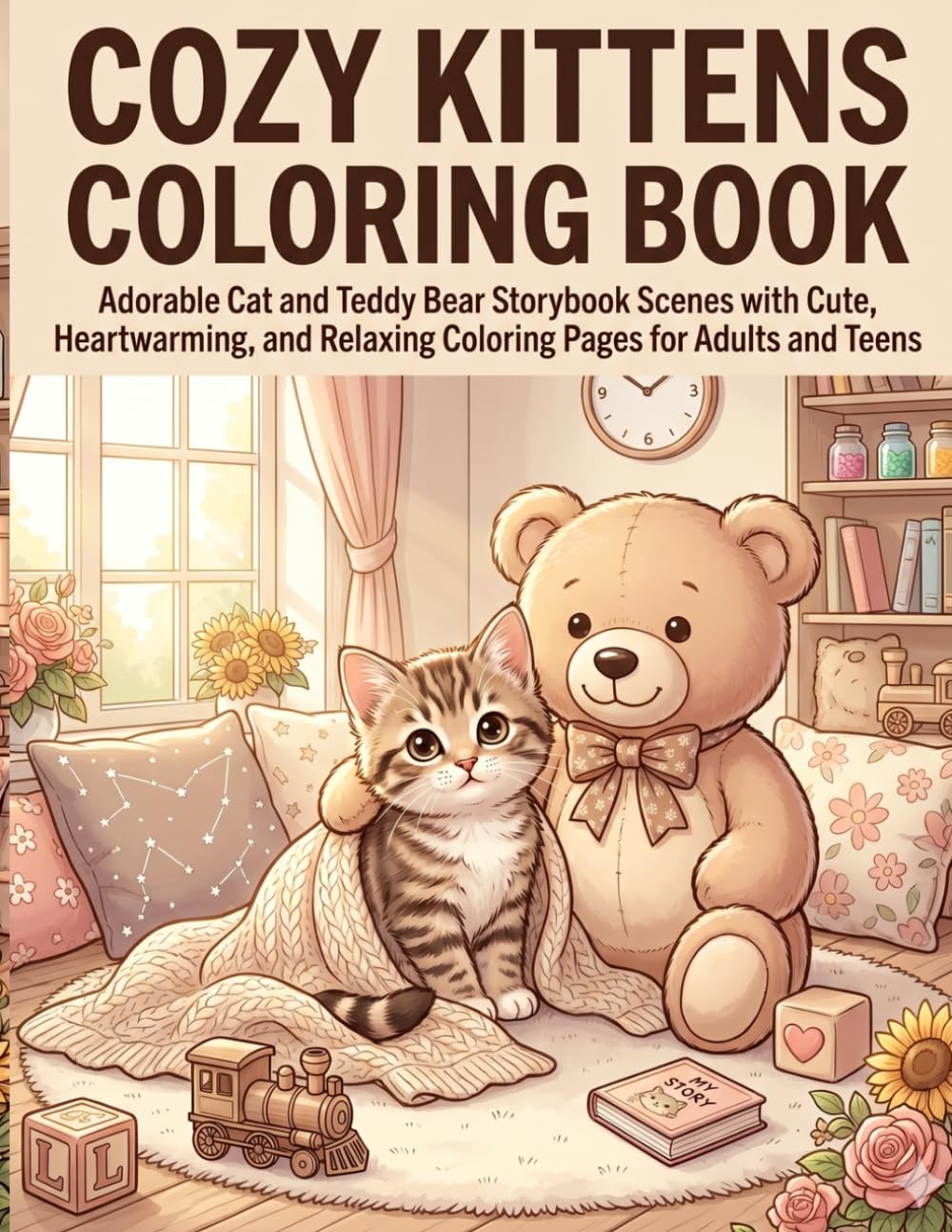 Cozy Kittens Coloring Book: Adorable Cat and Teddy Bear Storybook Scenes with Cute, Heartwarming, and Relaxing Coloring Pages for Adults and Teens