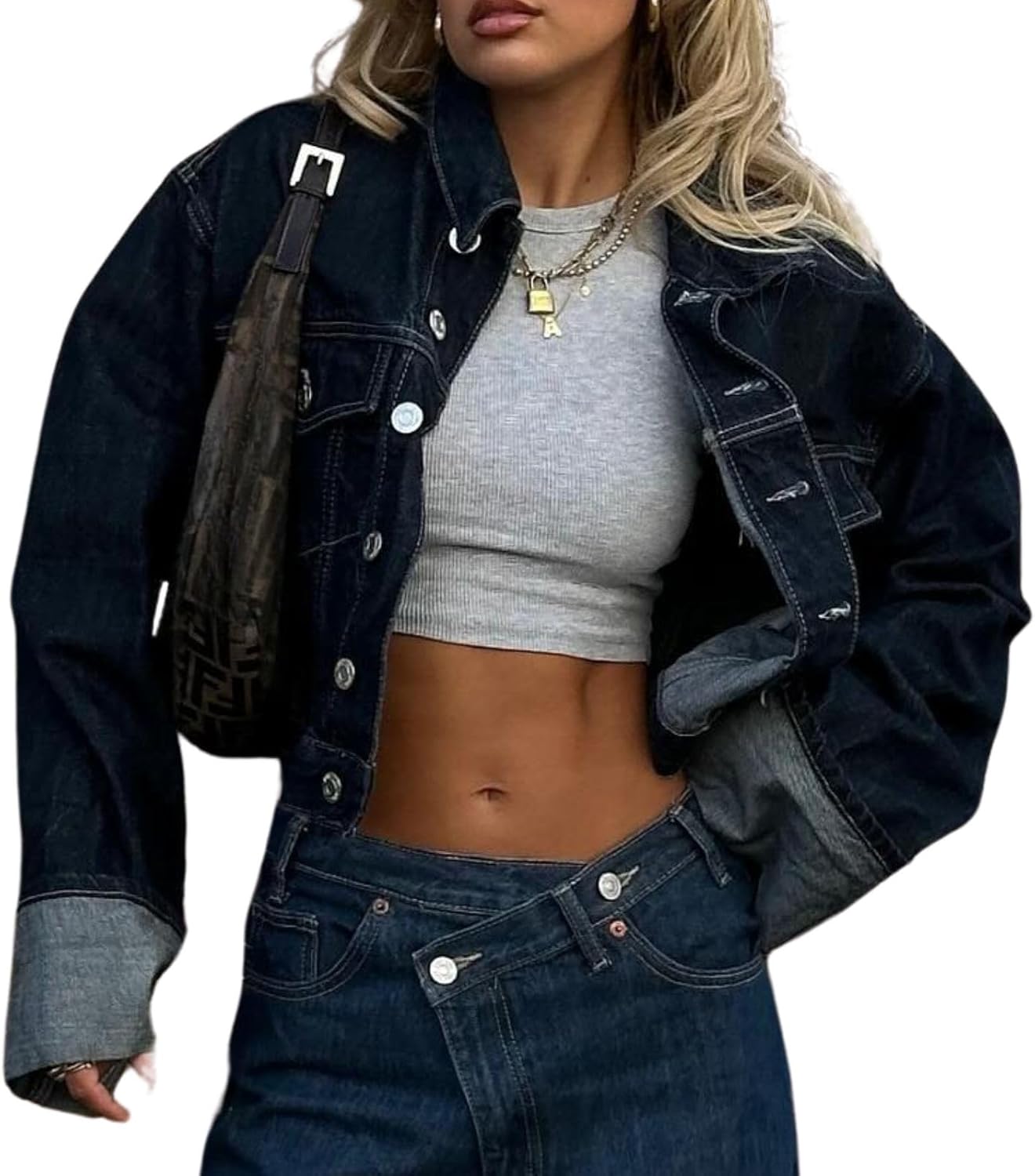 Women's Cropped Denim Jacket Button Up Long Sleeve Turn-Up Cuff Jean Jacket Women Coat