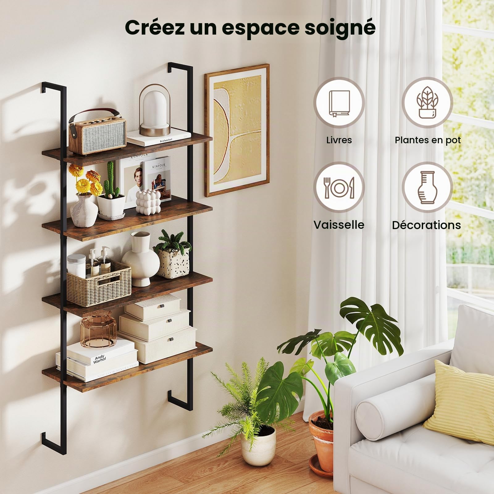 GIANTEX Bibliotheque Murale à 4 Niveaux, Effet Bois, Etagere Bibliotheque Ouverte avec Structure Métallique, Etagere Salon Gain de Place, Style Industriel, pour Salon, Cuisine, Chambre, Bureau