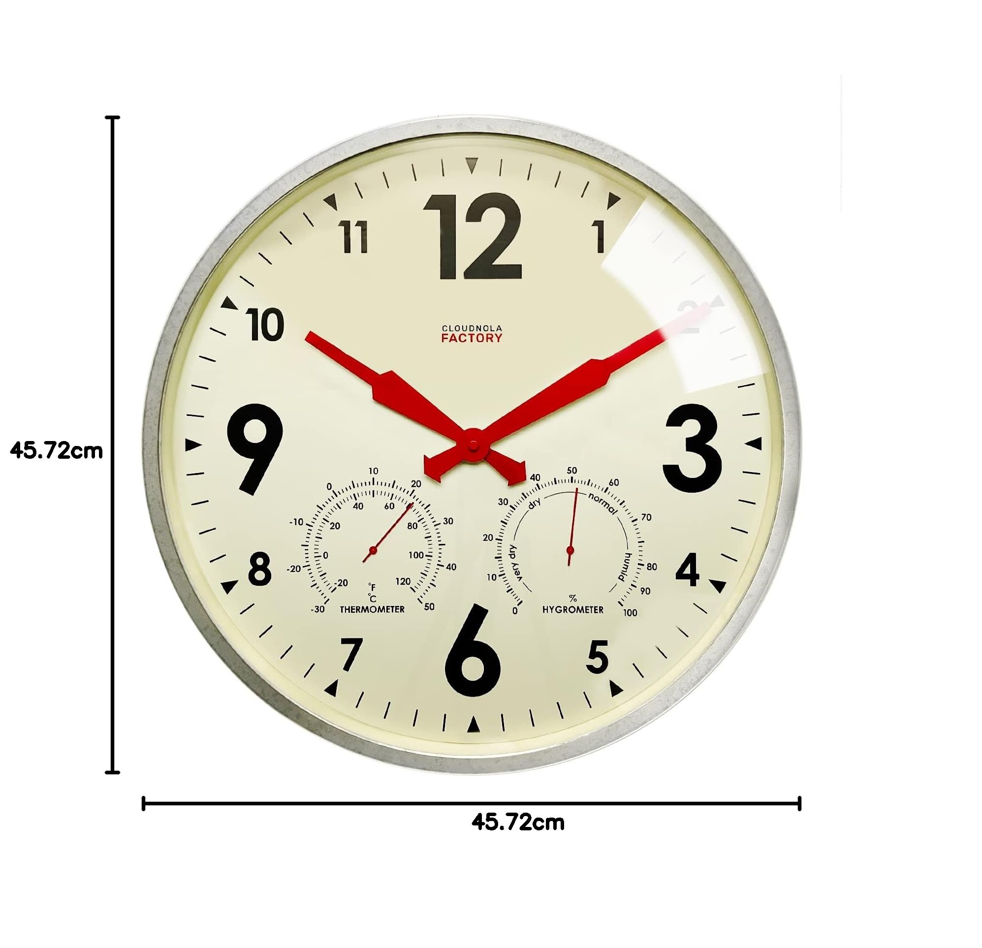 Cloudnola Horloge Murale en métal étanche pour intérieur et extérieur avec thermomètre et hygromètre, Zinc Gris, 45,7 cm, silencieuse, sans tic-tac