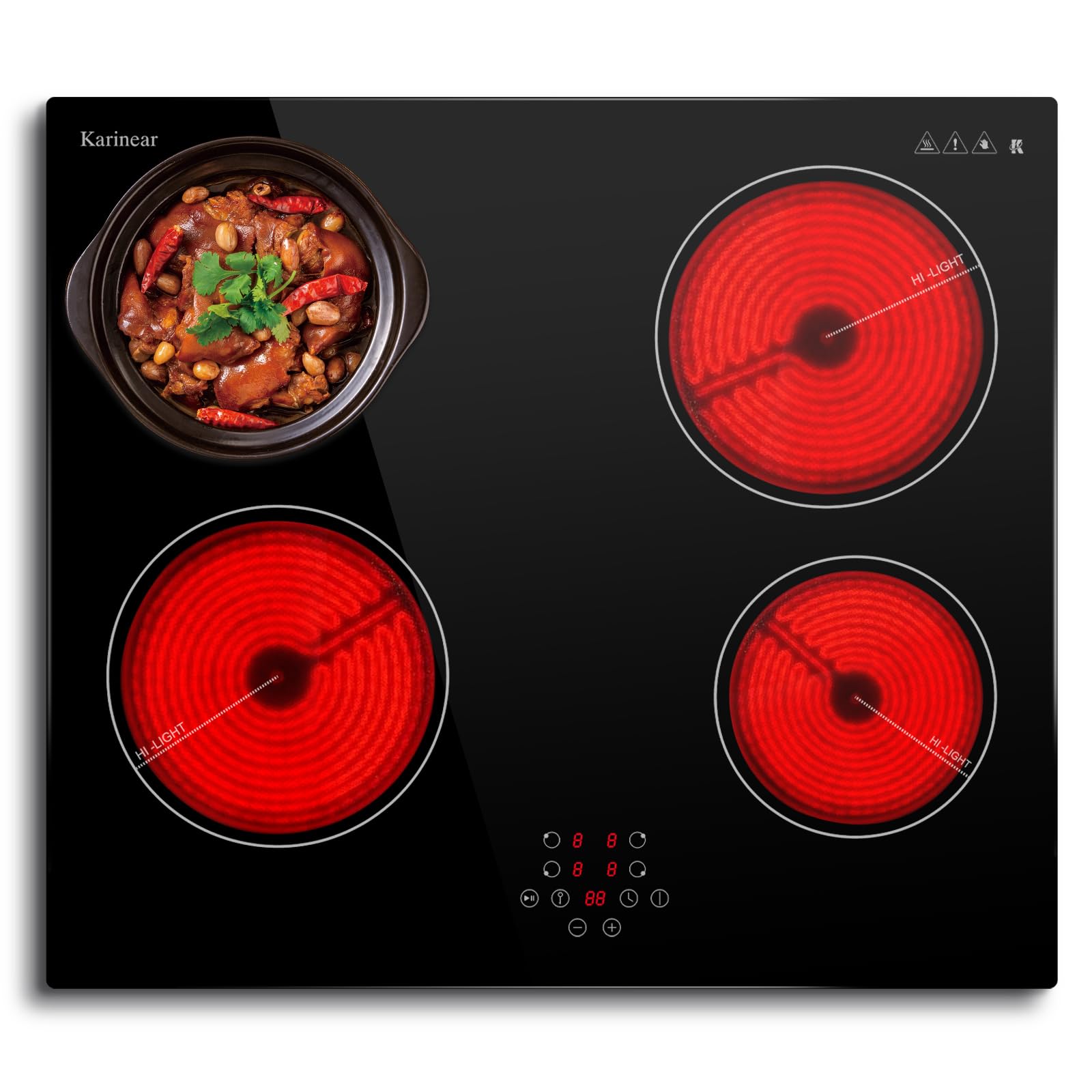 Karinear Ceramic Hob, 60cm Built-in 4 Zones Ceramic Hob with Safe Lock, Timer, Touch Control 6000W, Hard Wired, No Plug Included — view 8