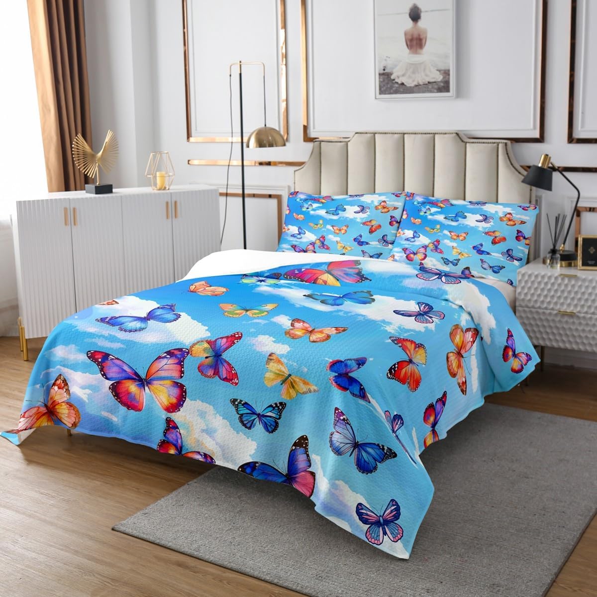 jejeloiu Butterfly Bedspread Rainbow Butterfly Bedspread for Kids Boys Girls Blue Sky Coverlet Set Animals Quilted Bedroom Collection 3Pcs King Size