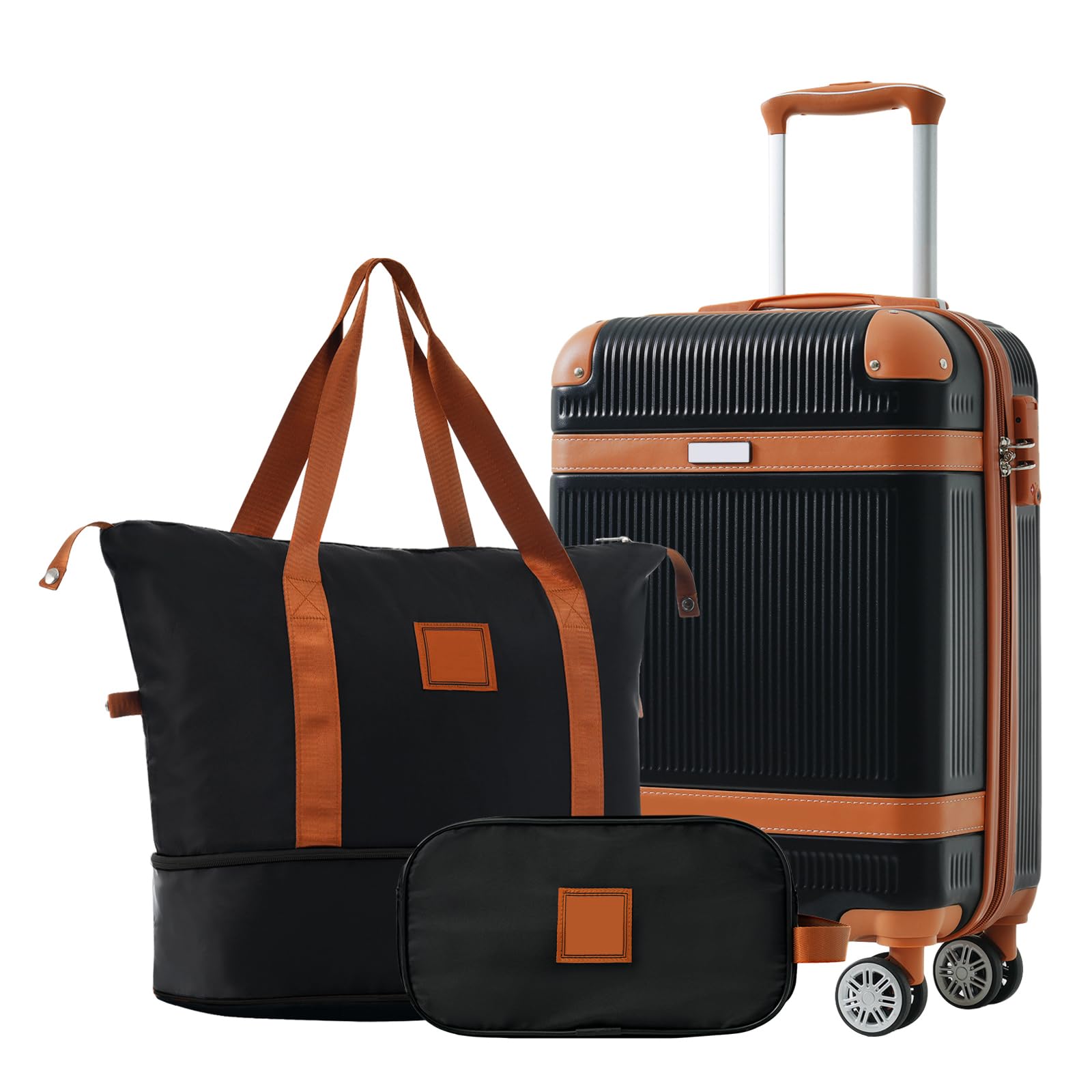 20 Inch Black Carry on Luggage 3 Piece with Spinner Wheels & Duffle Bags, Hardshell ABS Checked Suitcase with TSA Lock, Lightweight Small Suitcase for Travel, Boys and Girls