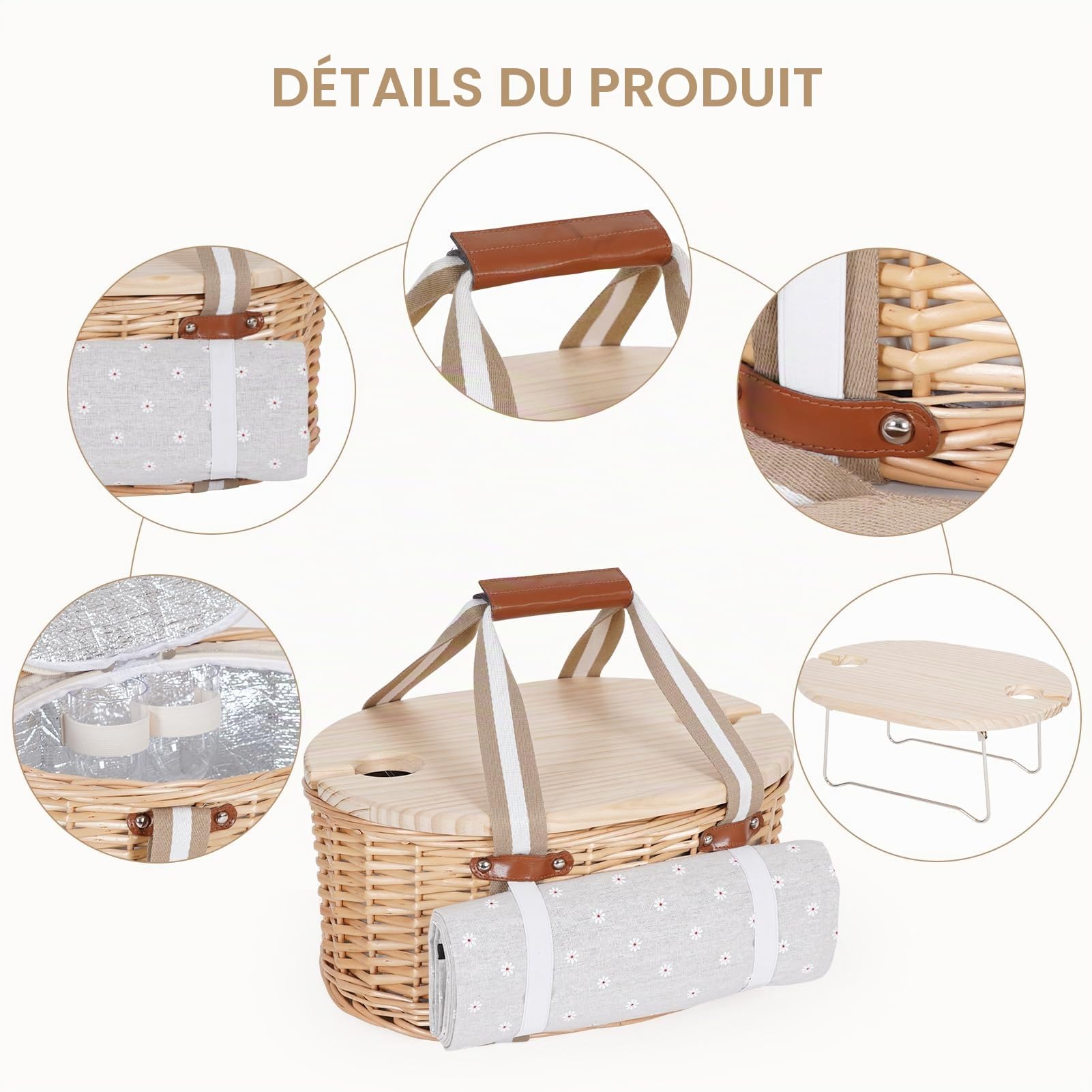 Ensemble de paniers de pique-nique pour 2 personnes - Panier isolé en osier avec couverture imperméable - Table de pique-nique pliable pour vin et couverts - Pour camping, extérieur, Saint-Valentin