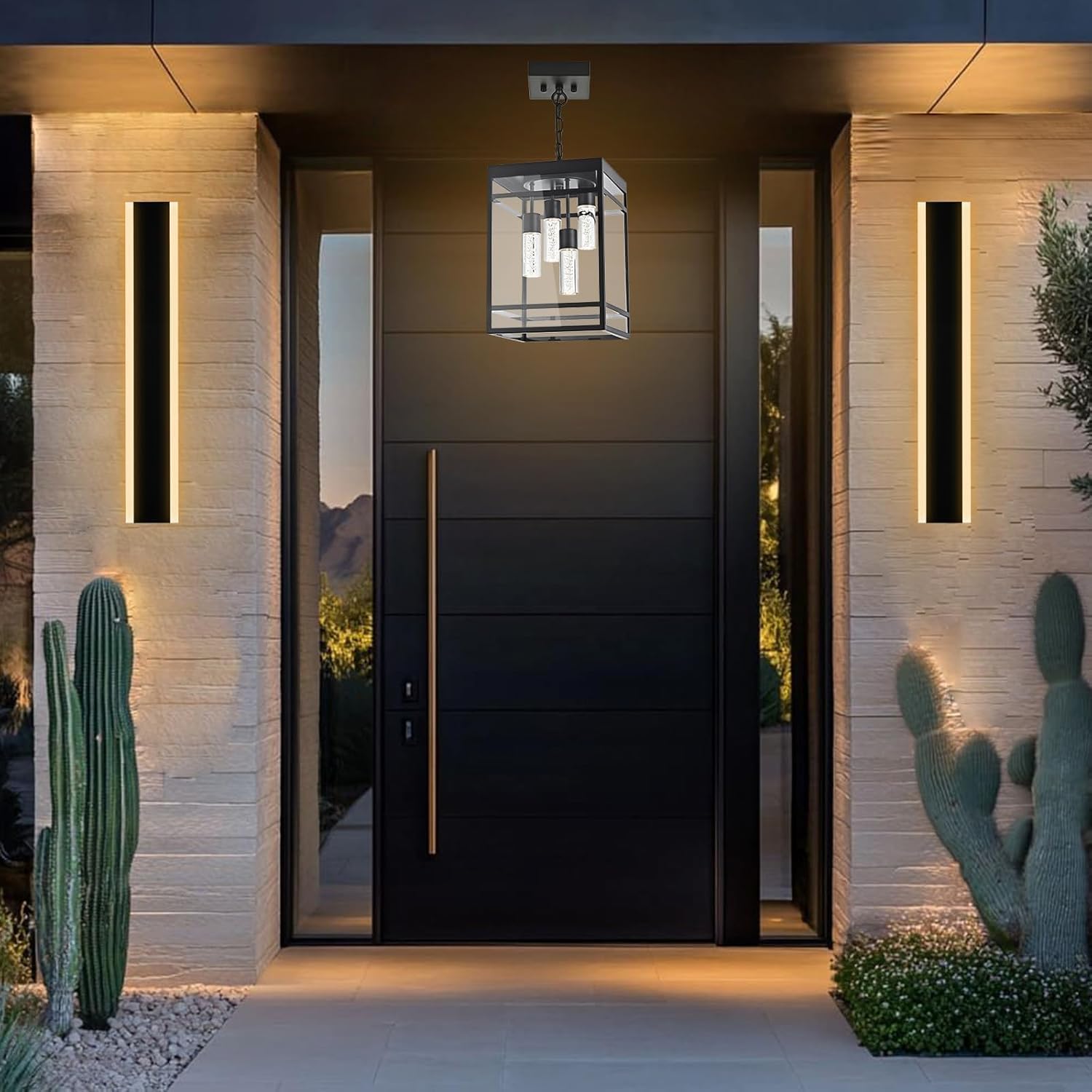 Outdoor Large LED Pendant Light Fixtures,4 Lights 5CCT Outdoor Pendant Lighting Black, LED Integrated Bulbs Hanging Lantern,Exterior Light for Porch,Patio,Foyer