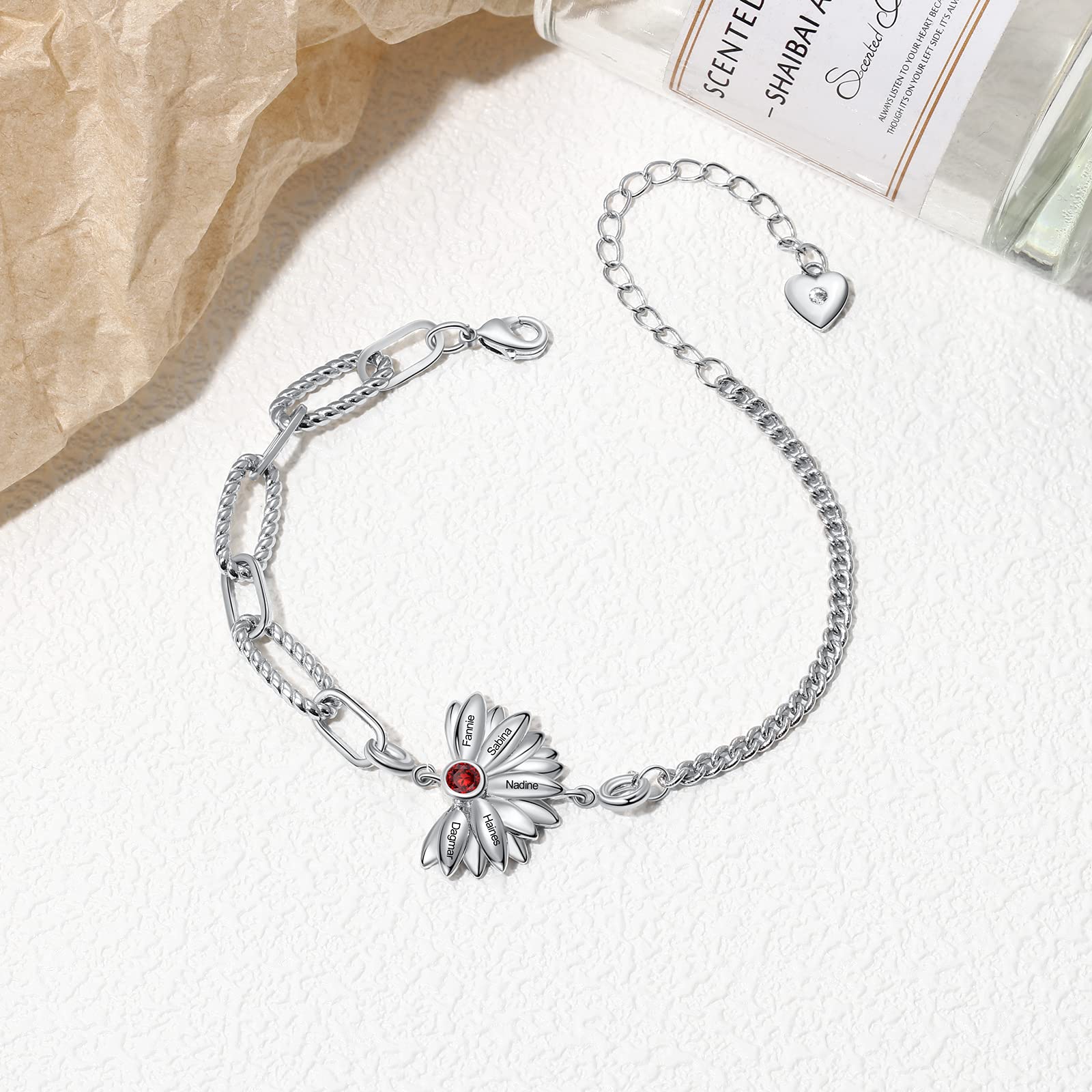 Pulsera personalizada para mujer, pulsera de plata 925 con piedra natal ajustable de girasol grabado con 2 nombres, joyería de Navidad, regalos para mamá o novia, cumpleaños, Cubic Zirconia,