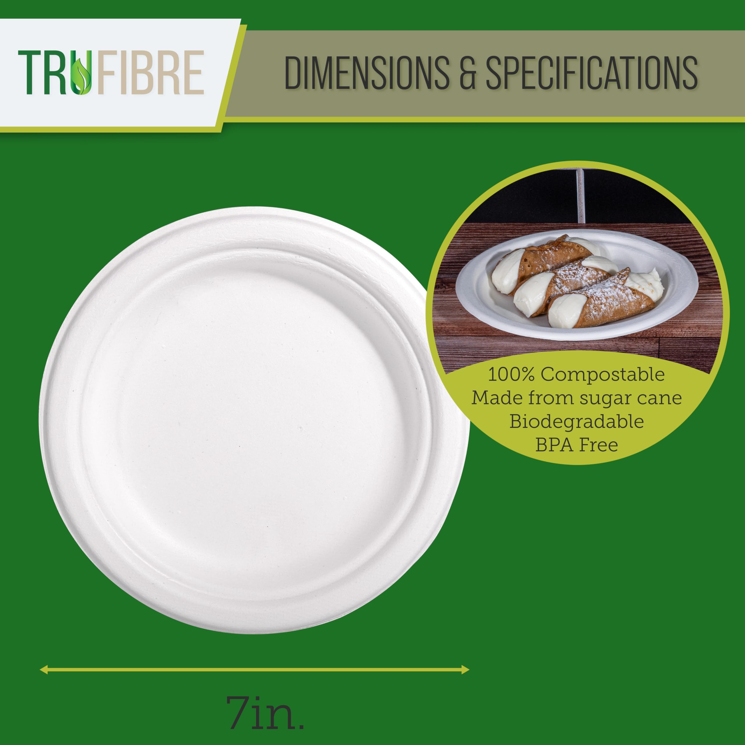 Platos de papel de 7 pulgadas, contenedor de alimentos compostable de bagazo, desechable, apto para microondas para almuerzo, cena, fiesta, suministros, eventos, a granel, paquete de 125