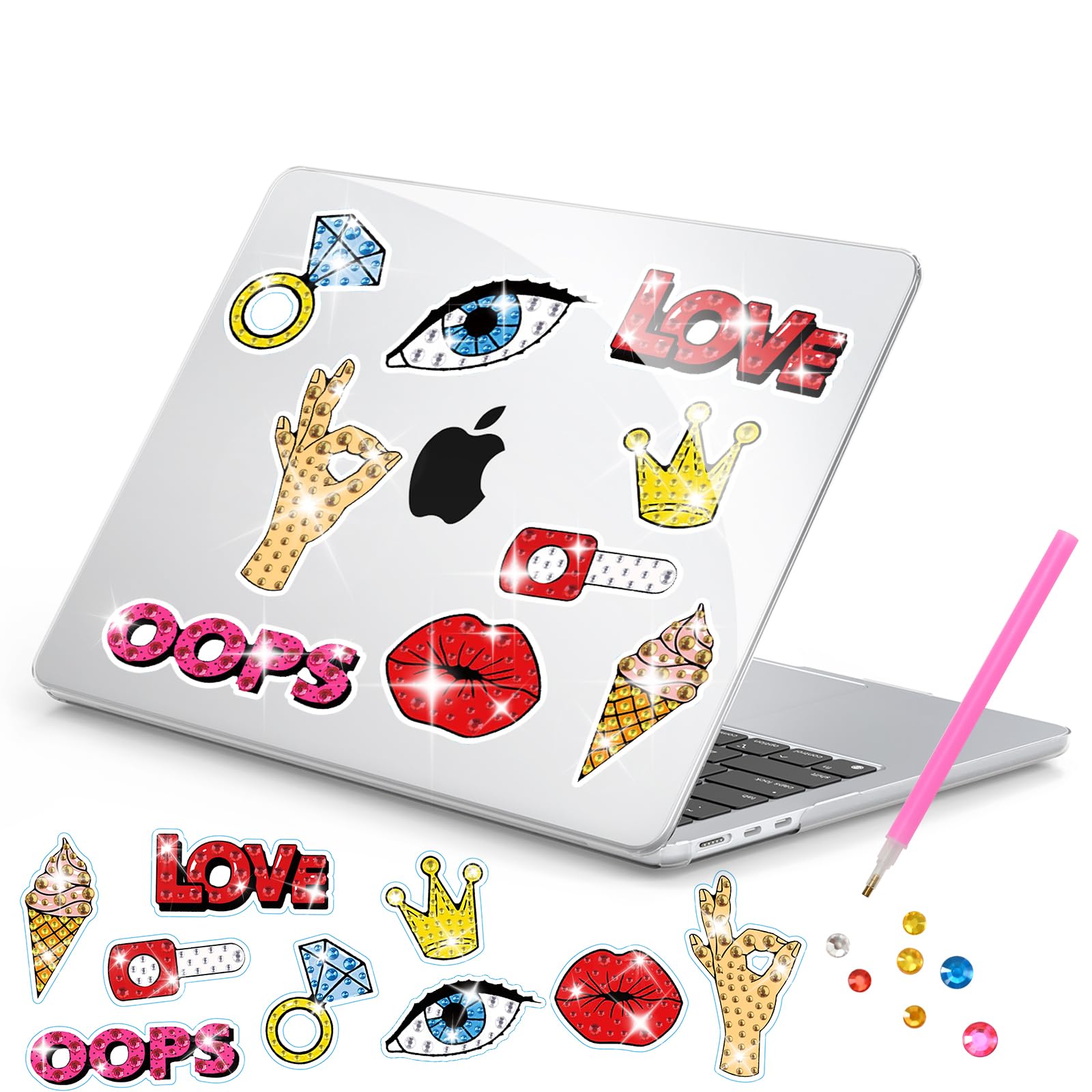 EooCoo Case Compatible for MacBook Air 13 inch M4 M3 M2 2025 2024 2022, A3240 A3113 A2681, Clear Plastic Hard Shell Mac 13.6" Cover & 5D DIY Diamond Art Kits, Smooth Surface - LOVE & Mouth