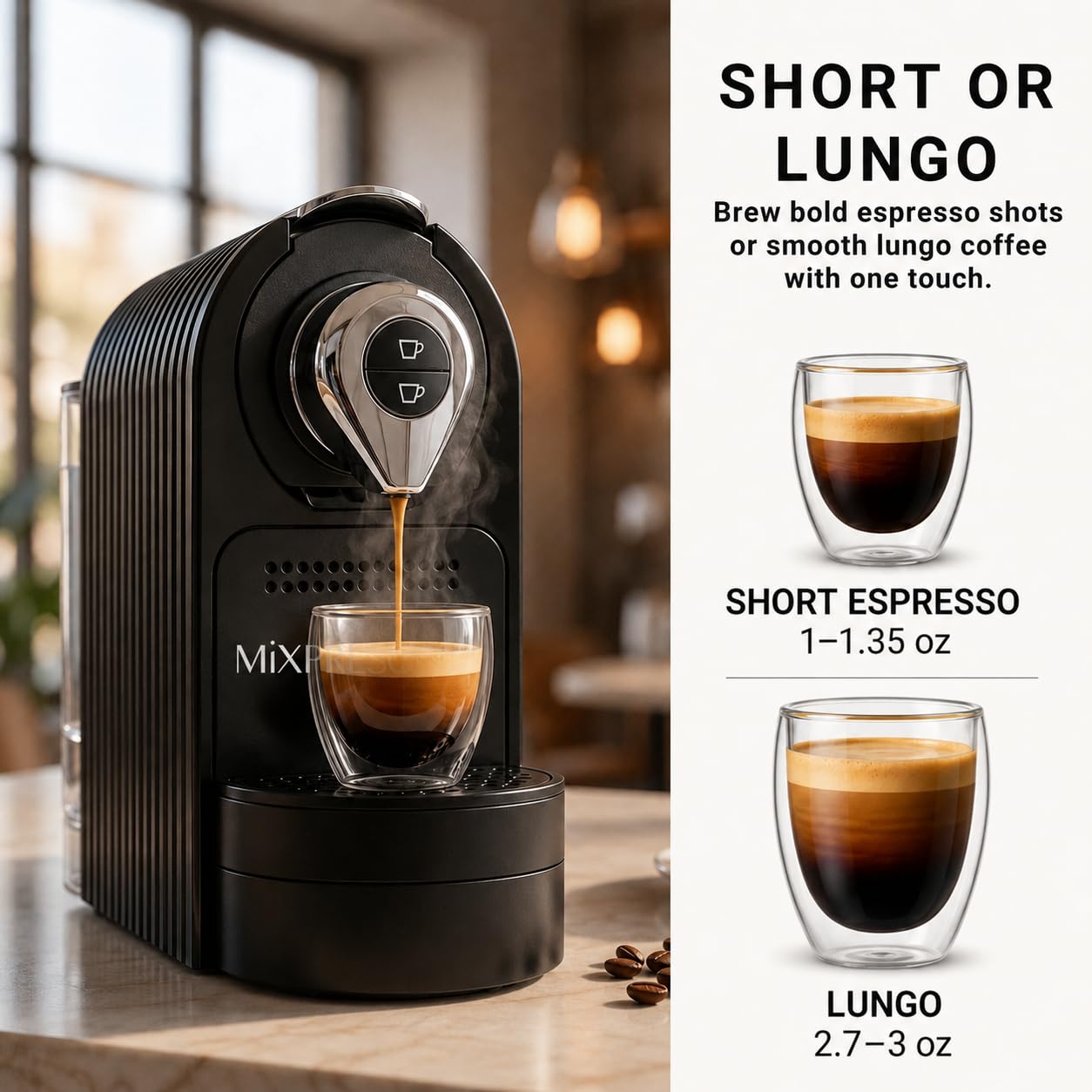 Mixpresso Cafetera espresso negra – Cafetera compacta de 1400 W, compatible con cápsulas Nespresso OriginalLine, operación de un solo toque, bomba italiana de 19 barras, tanque de agua de 26 onzas