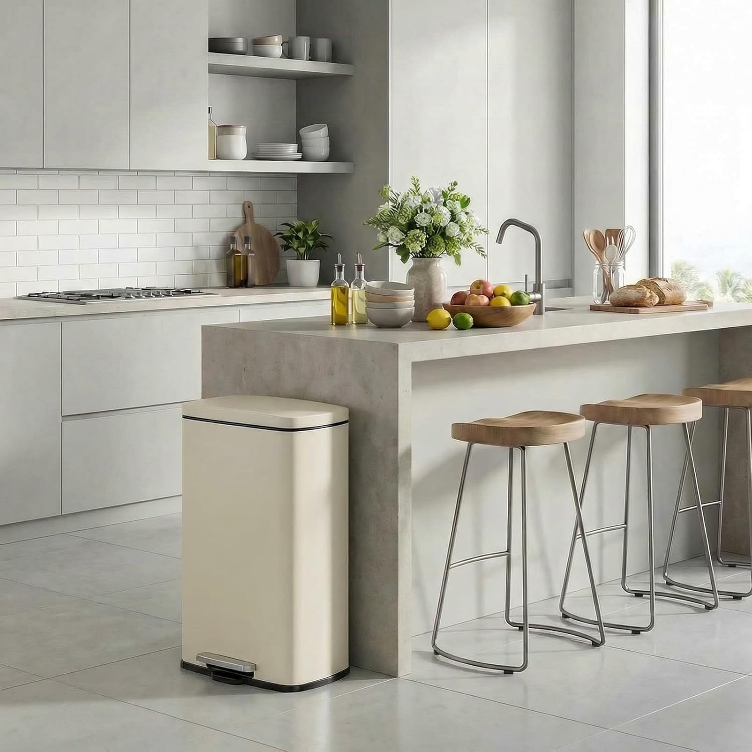 8 Gal Kitchen Trash Can, 30L Recycling or Garbage Bin, Brushed Stainless Steel Waste Basket, Soft&Quiet Close Dustbin, with Step-On Pedal, Removable Inner Bucket, for Home, Office, Living Room