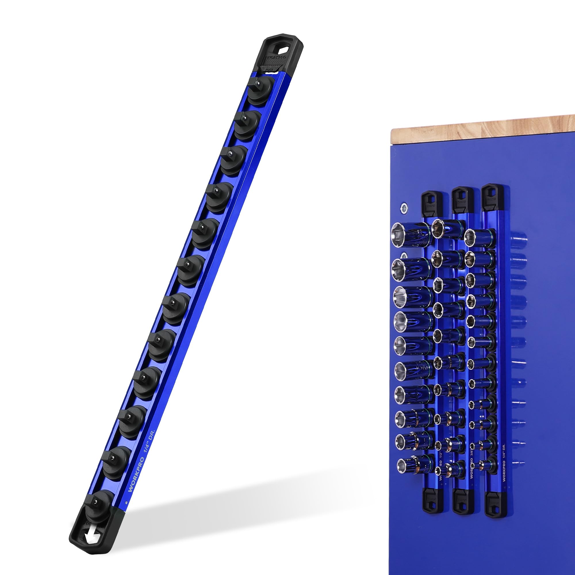 WORKPRO Magnetic Socket Organizer, 1/4" Adjustable Push-Button Socket Rail