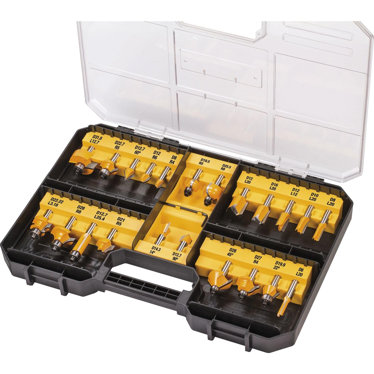 Dewalt Fräser-Set 22 tlg. (Nutfräser, Zinkenfräser, Hohlkehlfräser, in Aufbewahrungsbox mit Klarsichtdeckel) DT90017-QZ