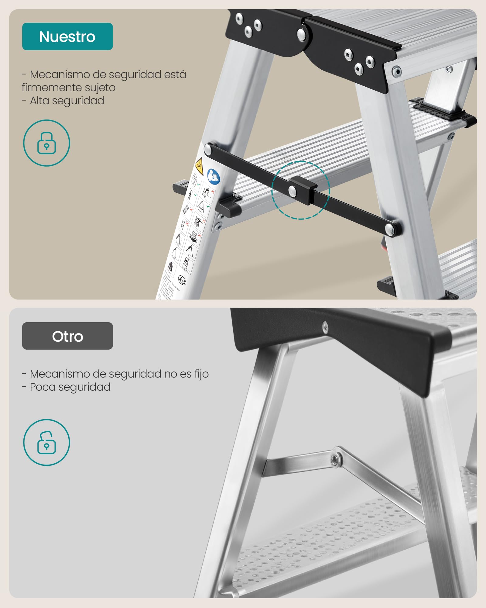 SONGMICS Escalera Plegable, Escalera de Mano, Escalera de Aluminio con 2 Peldaños Antideslizantes, Multifuncional, Carga de 150 kg, Gris Plata y Negro Tinta GLT012E01
