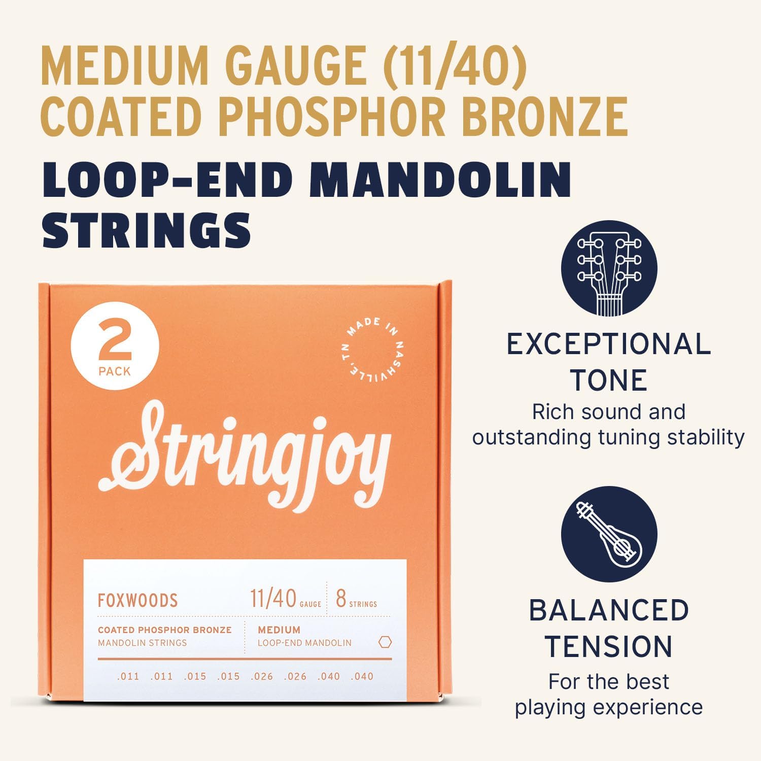 Stringjoy Foxwoods 11-40 Balanced Light Medium Coated Mandolin Strings – Coated Phosphor Bronze Mandolin Strings - Long-Lasting, Rich and Balanced Loop-End Strings, 8 String Set, 2-Pack