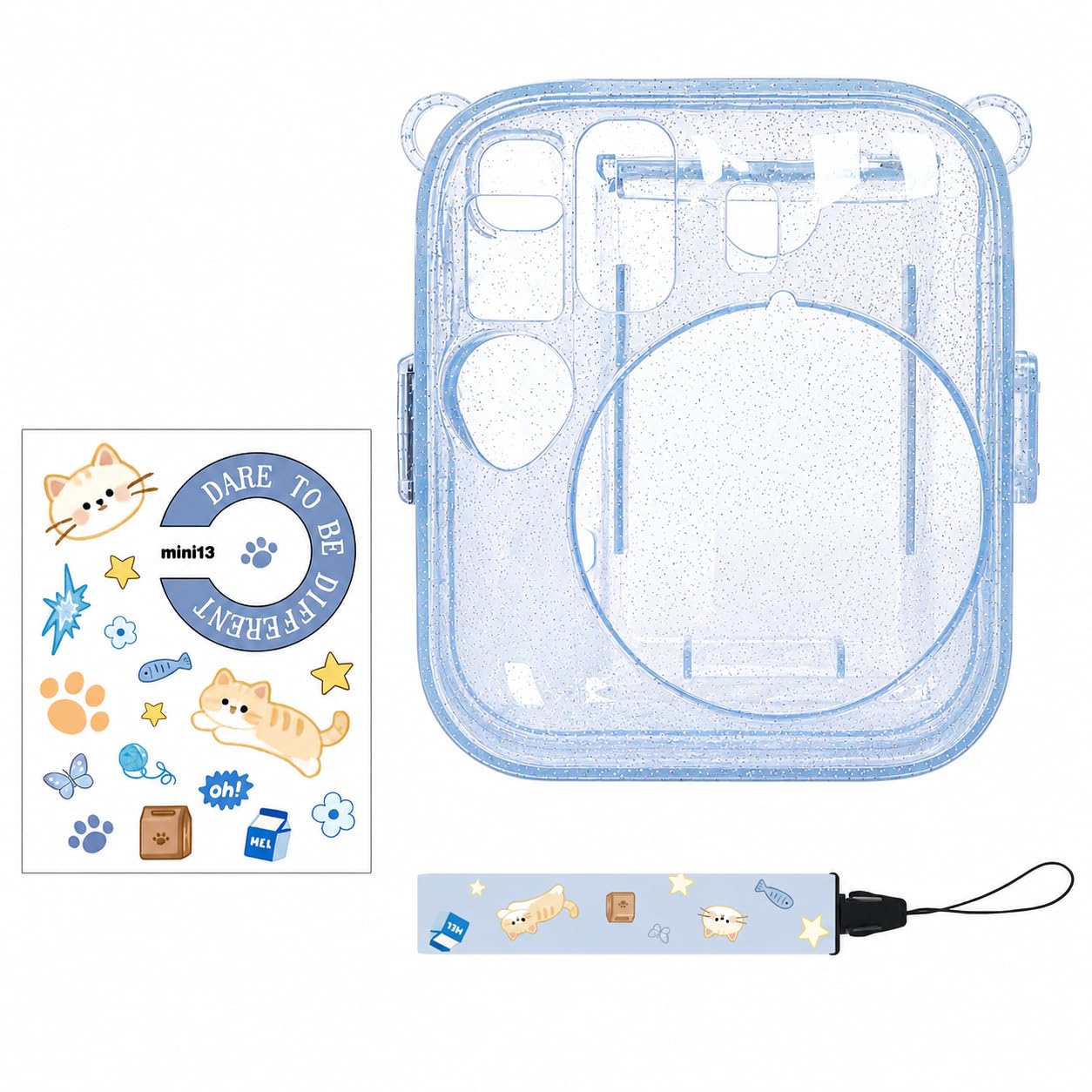 Transparent Glitter Camera case Compatible with Fuji-Film Instant Mini 13 ONLY - mini 13 Camera case, Cute Pattern Shoulder Strap and Pattern Stickers (NO Camera)- Frost Blue-image-2