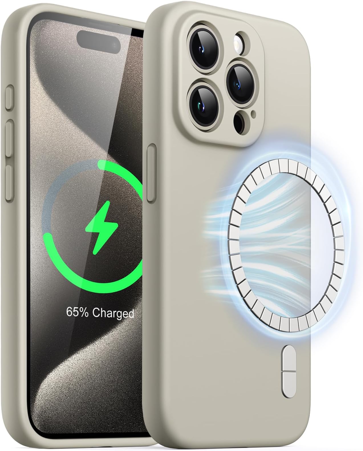 JETech Magnetic Silicone Case for iPhone 15 Pro Max 6.7-Inch, Compatible with MagSafe, Phone Cover with Camera Lens Full Protection (Natural Titanium)
